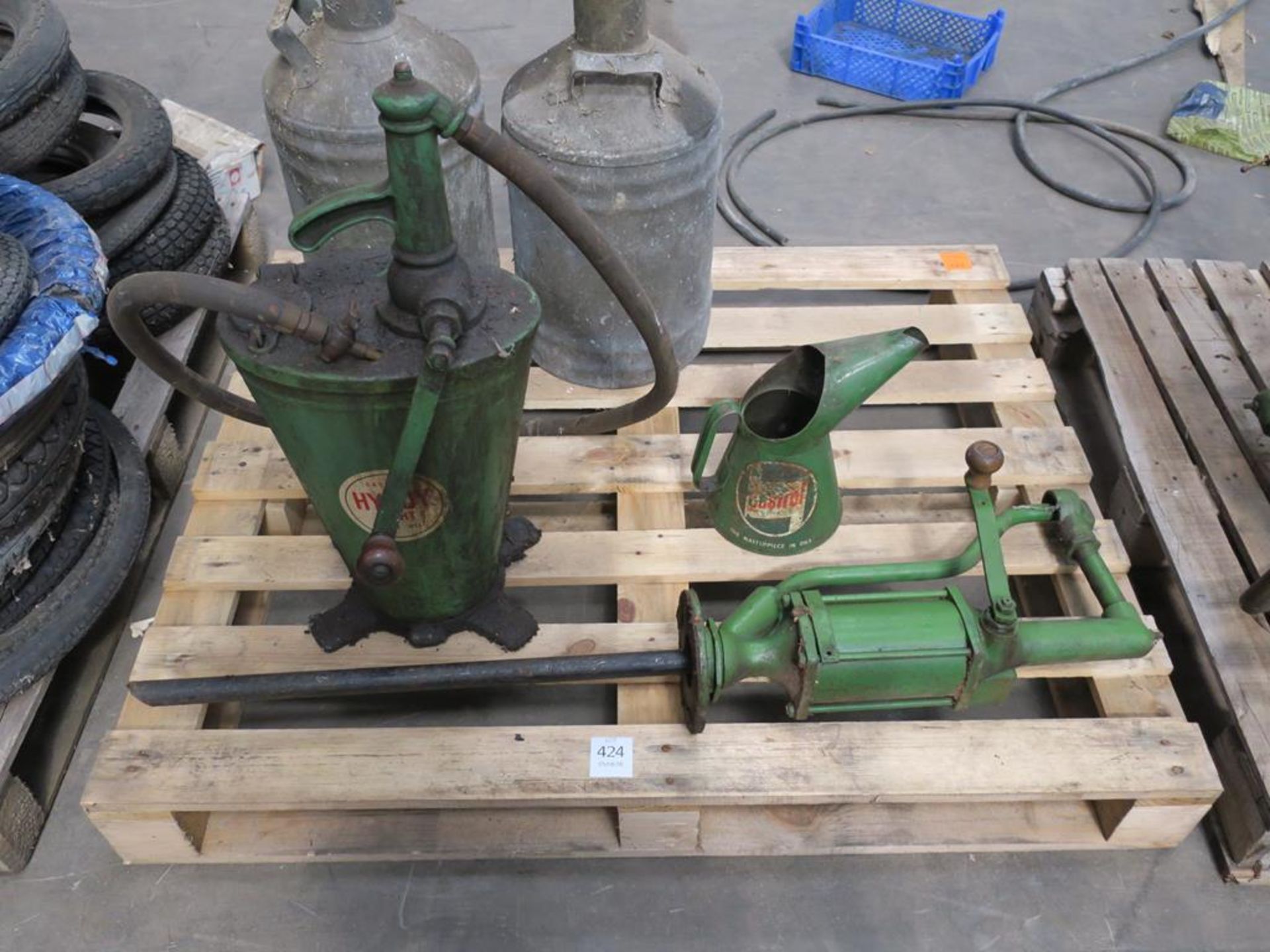 A Set of 3 Vintage Castrol items to include Gear Oil Pump, Oil Tin/Pourer and a Barrel Pump and Tank