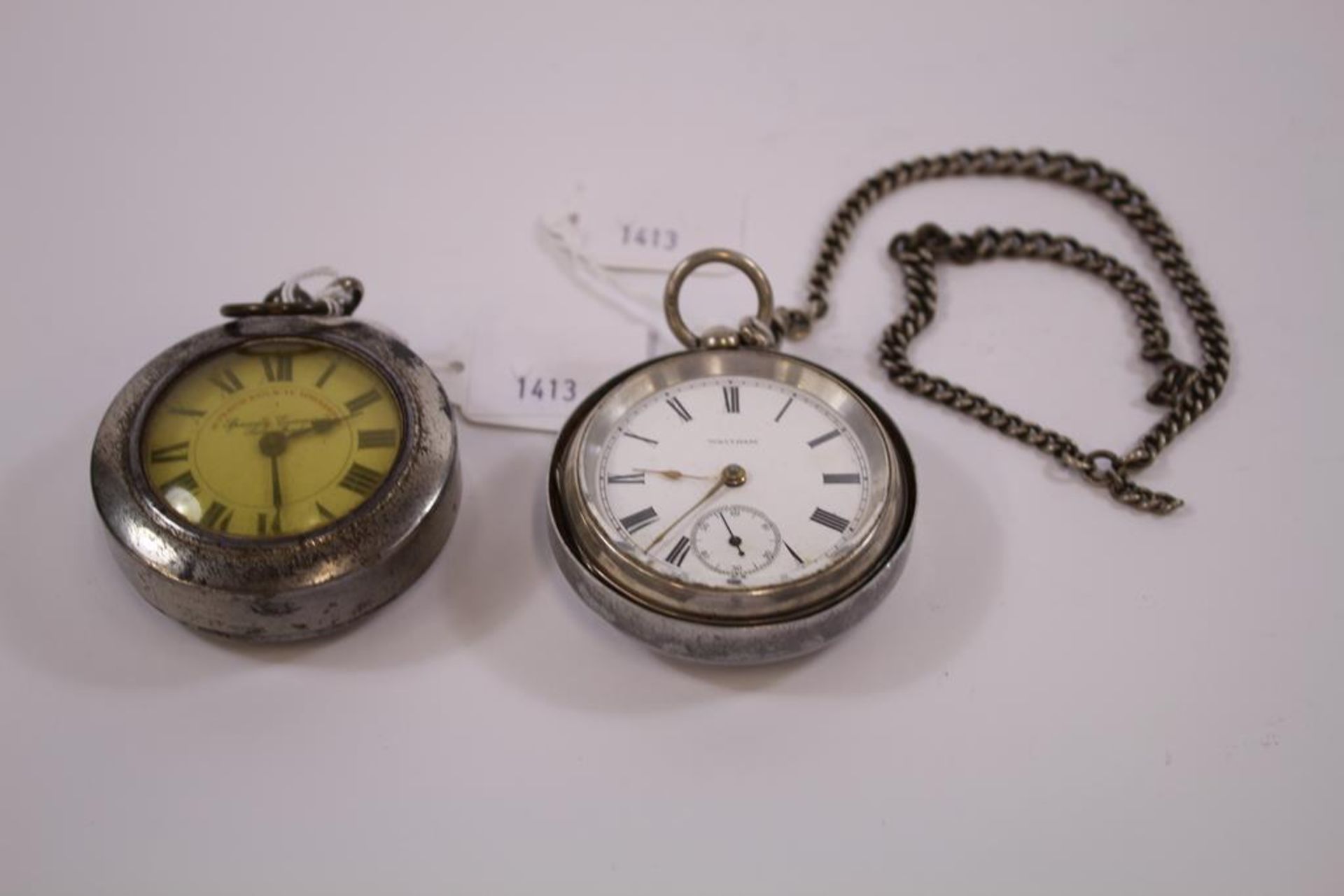 An early 20th Century silver cased key-wind Waltham Pocket Watch Birmingham 1909 (with silver chain)