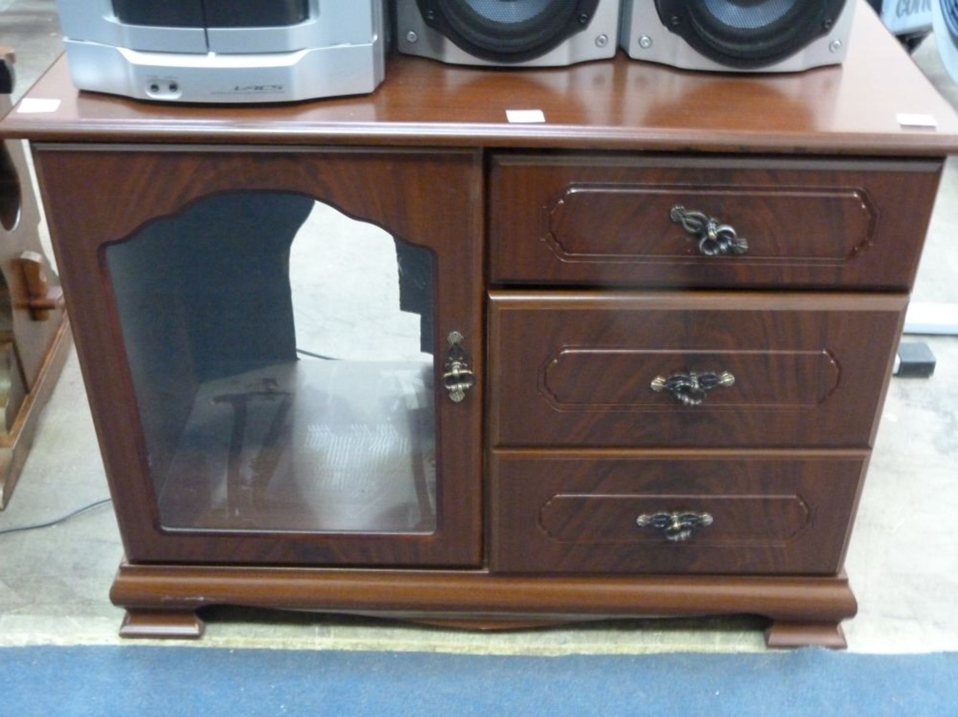 A Modern TV Stand, Audio Visual Storage unit with storage behind glazed door, drawer unit above