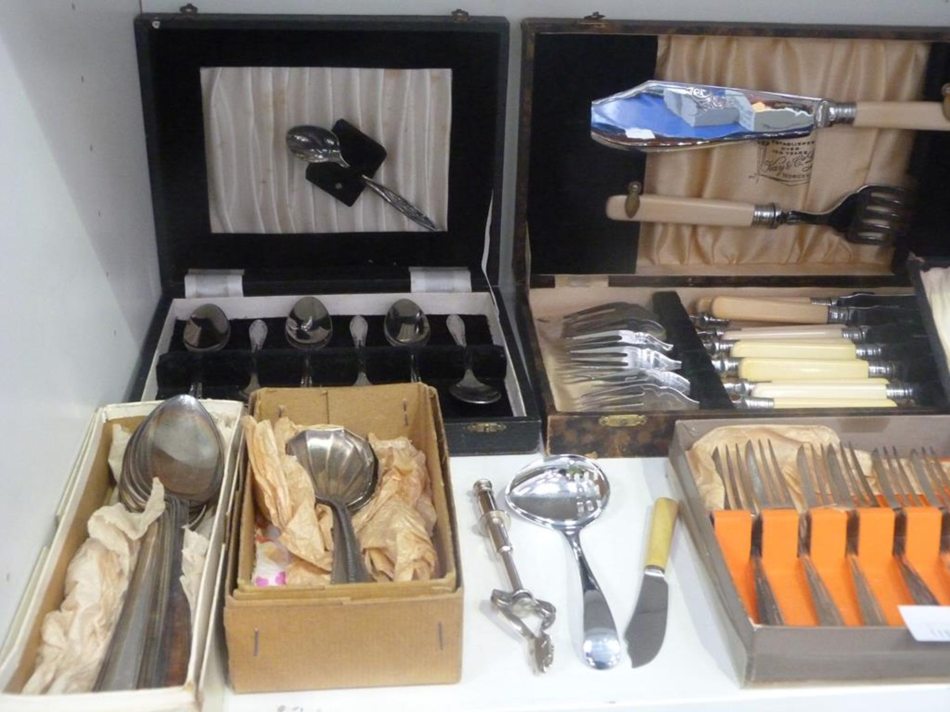 Two Shelves to contain Plated/Stainless Steel Cutlery, Also includes a Pair of Olive Tongs, Sugar - Image 2 of 5