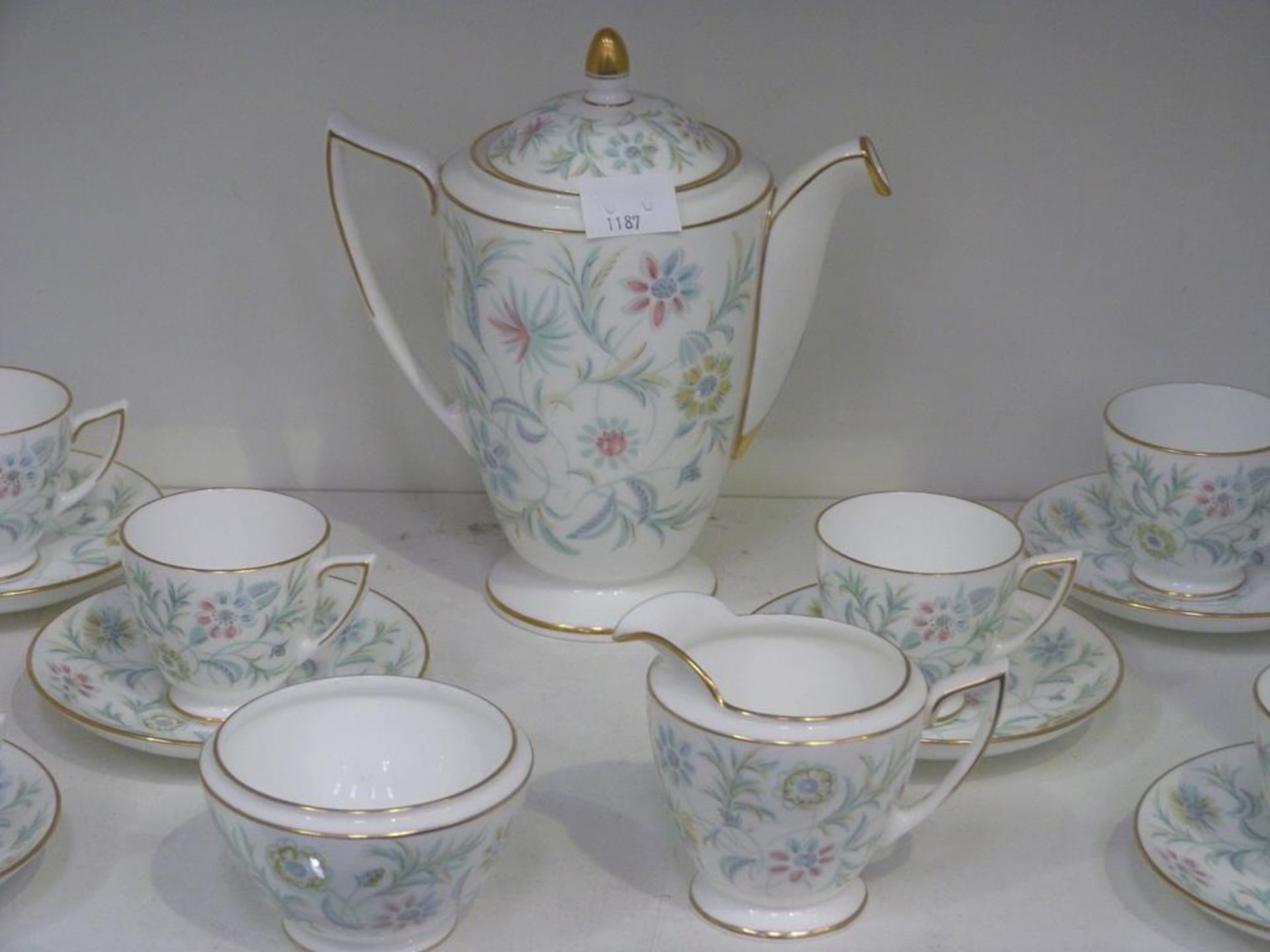 A Shelf containing a Minton Tea Service featuring a Teapot, Sugar Bowl, Milk Jug, Tea Cups and - Image 3 of 4