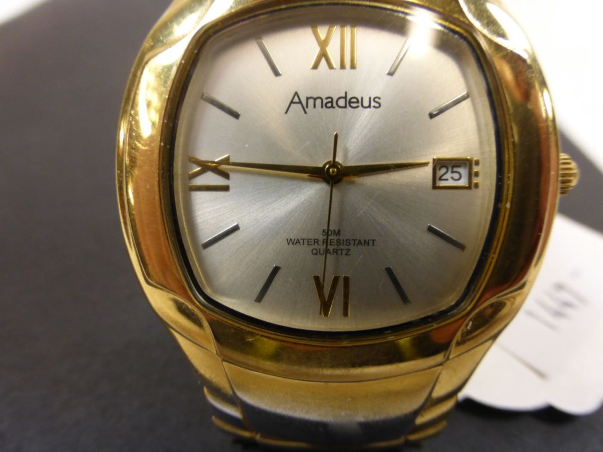 A Gentlemans Amadeus Gilt Cased Quartz Wristwatch with flexible gilt strap (Est £30-£50) - Image 2 of 3