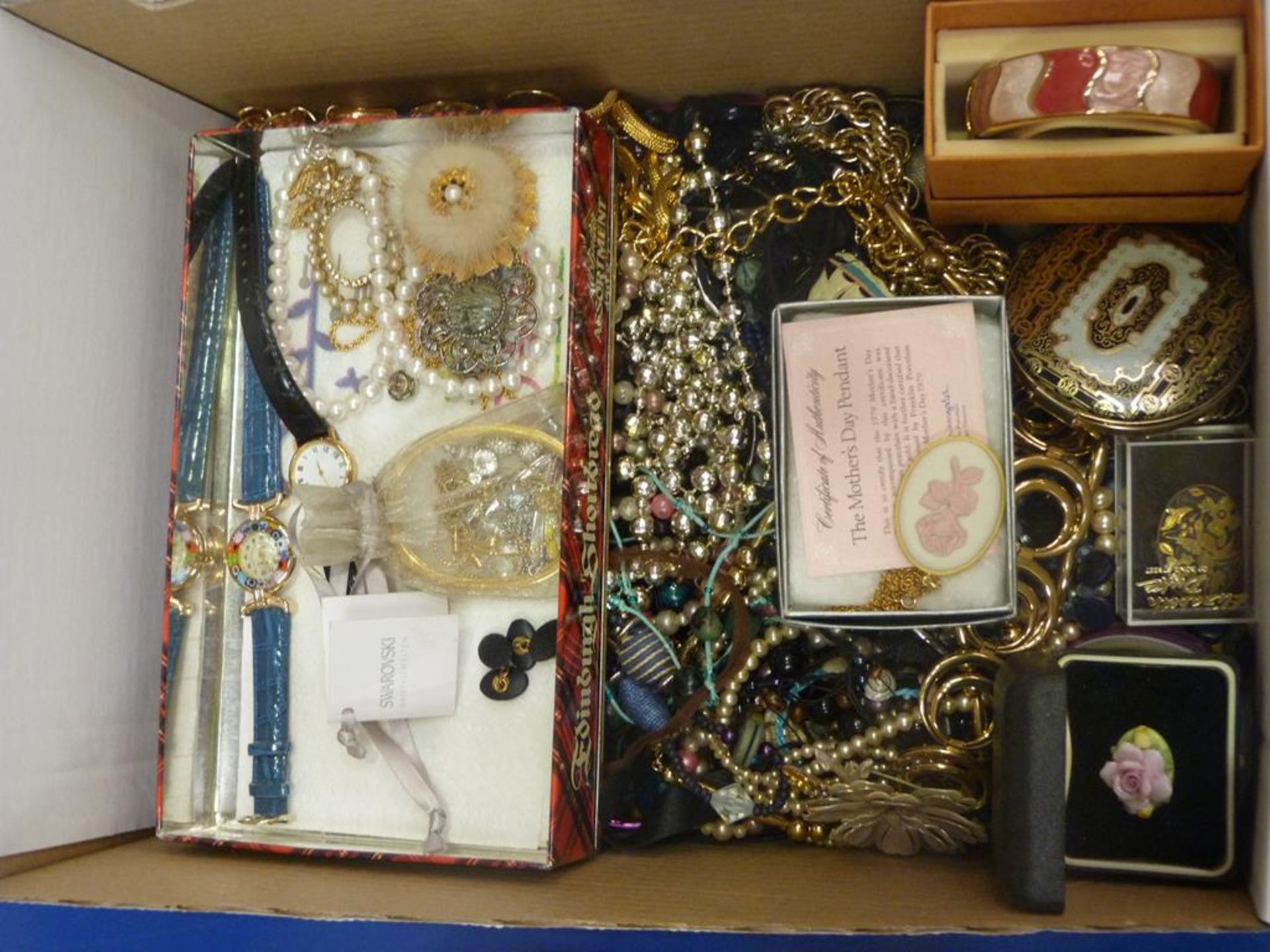 A Box of Costume Jewellery to Include Swarovski Pendants, Necklace, Bracelet and Earrings. (Est.£