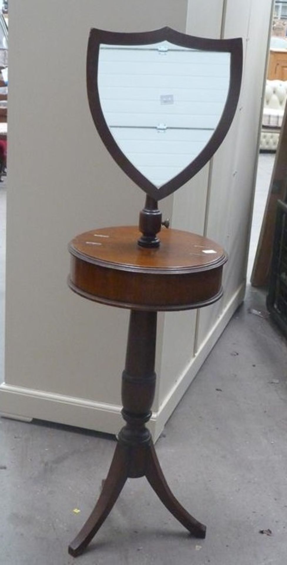 An Edwardian, two Compartment Shaving Stand with tilting Shield Mirror (H 140cm D 40cm) (est £45-£