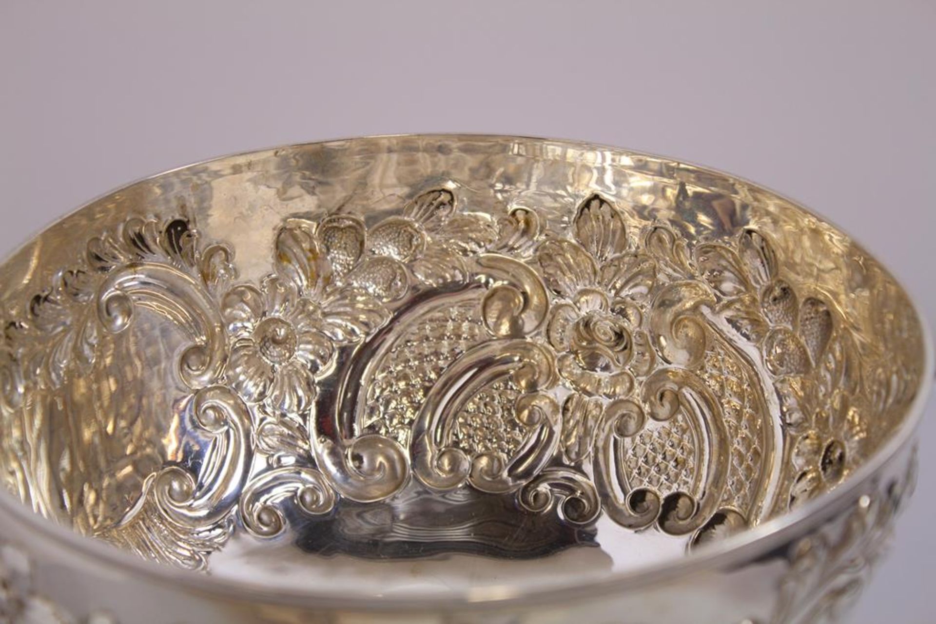 A large silver Rose Bowl of circular form embossed to the sides with flower heads, scrolls and - Image 3 of 5