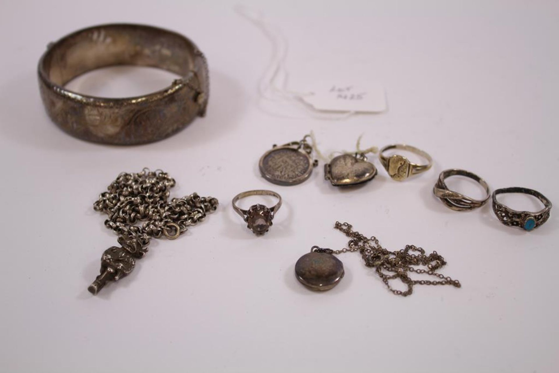 Collection of Silver Items, Long Chain with Lincoln Imp Pendants, a 1945 Sixpence Pendant, a