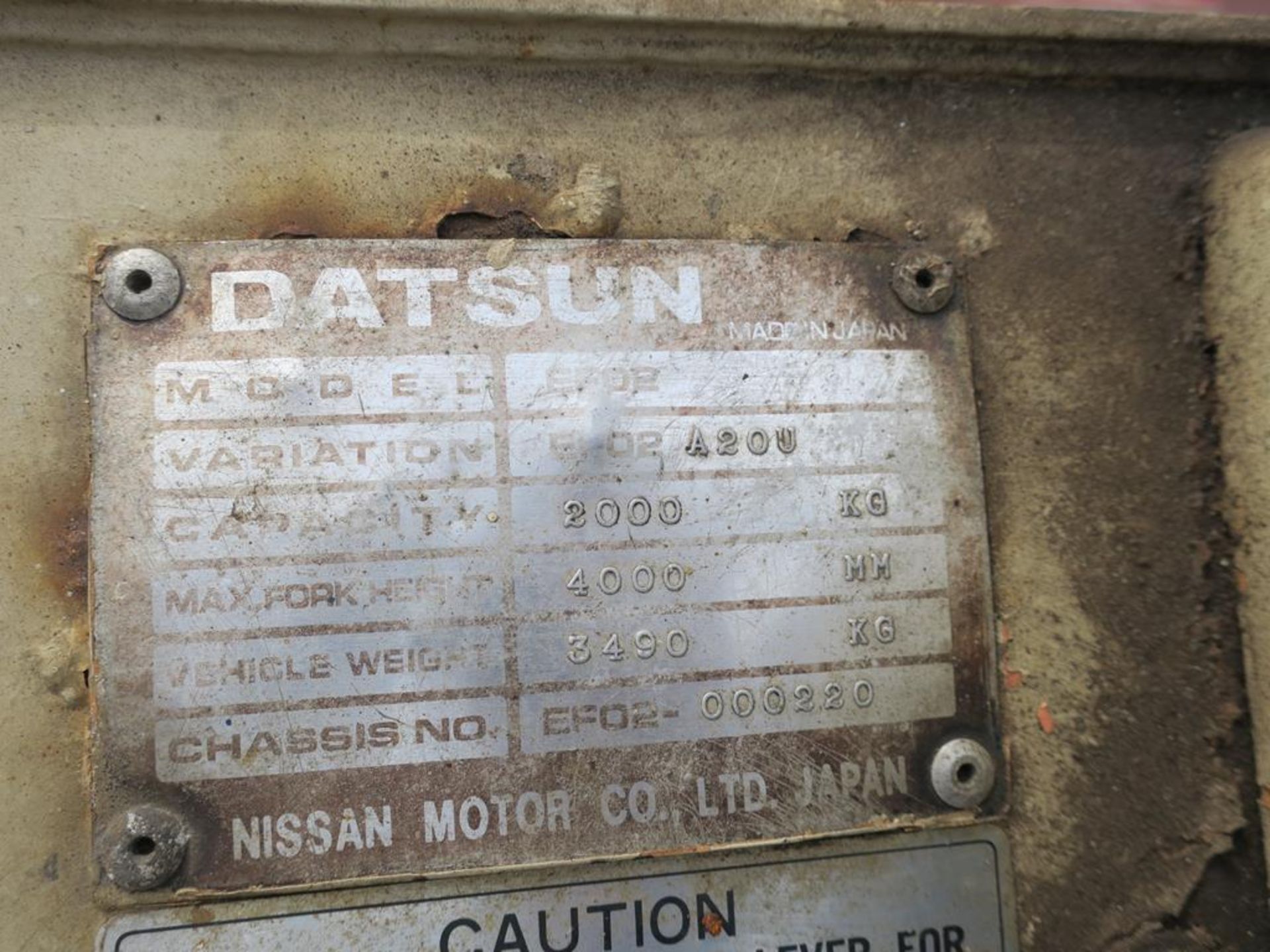 A Datsun 20 Diesel Forklift 2 ton 1391 hours Model EF02 variation A2OU. - Image 3 of 6
