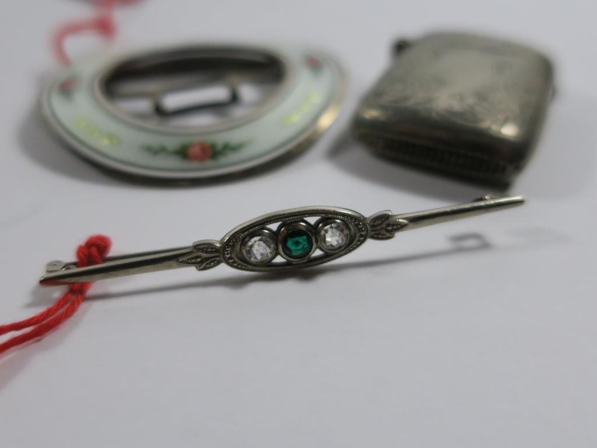 Silver? Pin with two clear stones and one green stone, approx 3.6g, Silver? matchbox with chased - Image 2 of 8