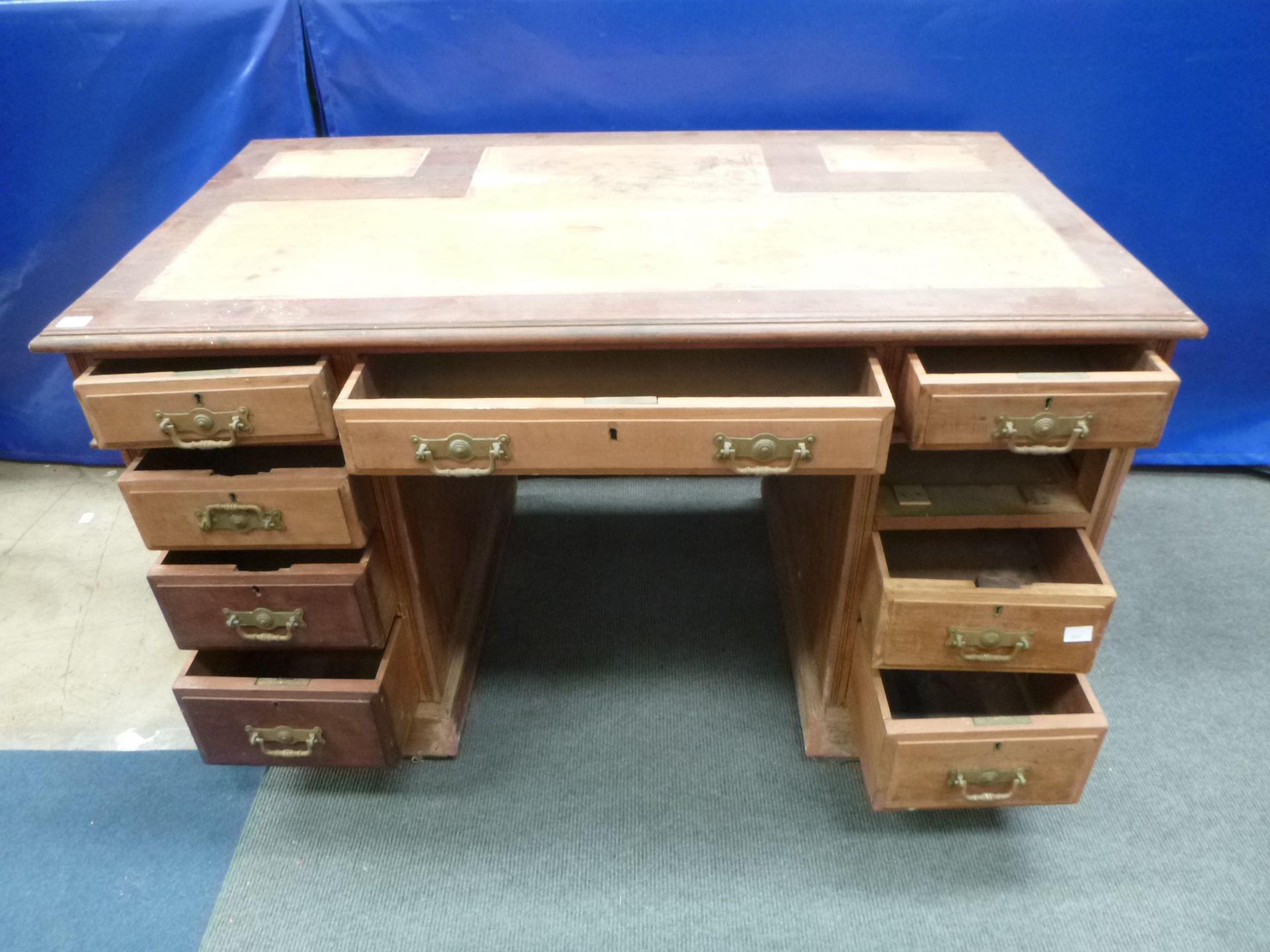 An early Twentieth Century Walnut (?) Pedestal Desk (for restoration) with Frieze Drawers to the top - Image 2 of 3