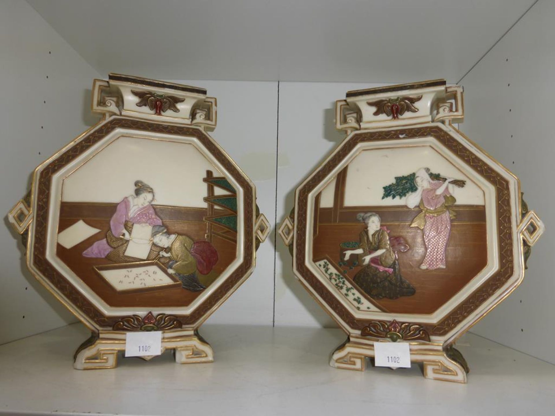 A pair of 19th Century Worcester Vases, possibly 'Japonist' design. Both damaged (est £50-£80)