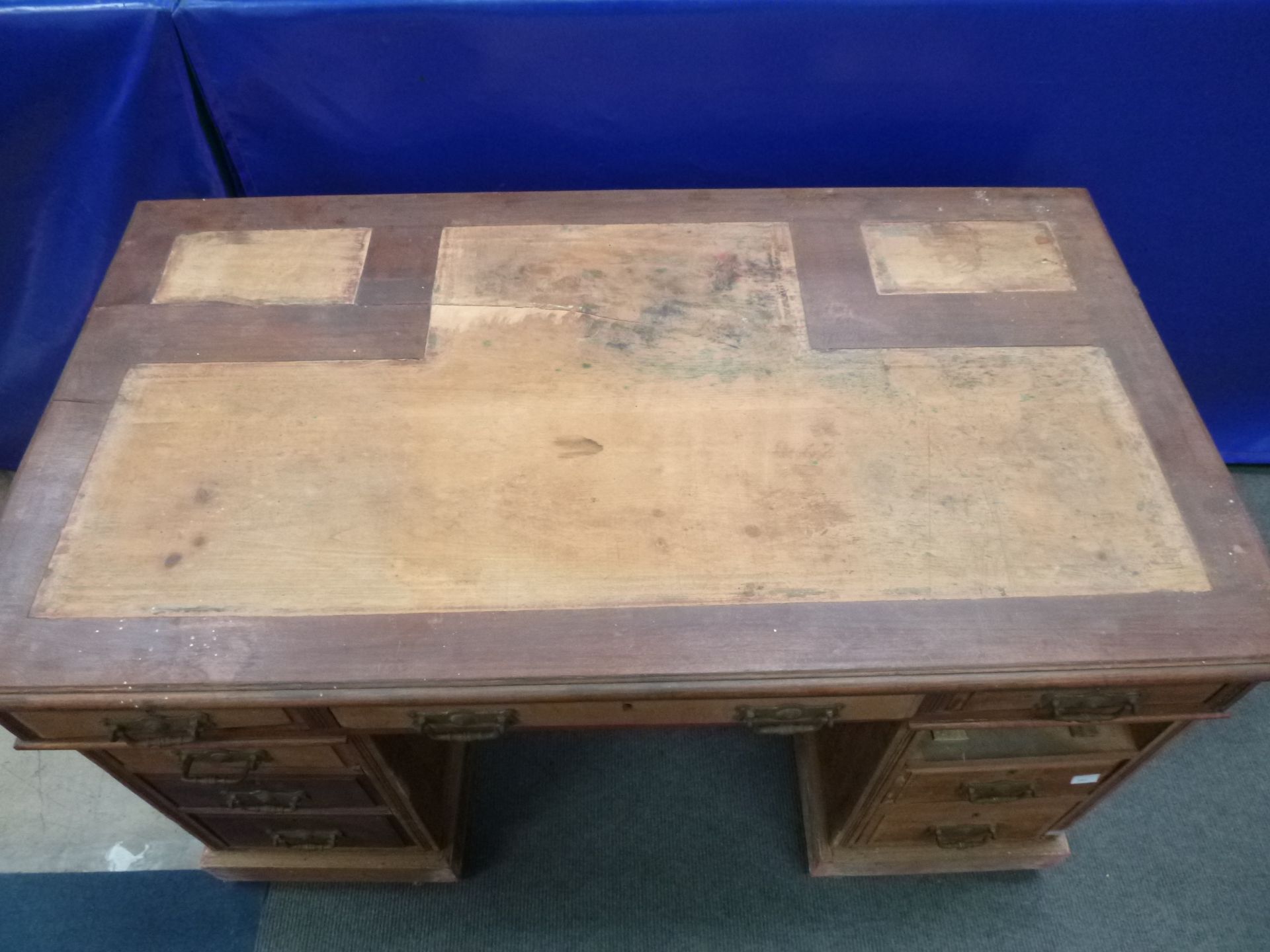 An early Twentieth Century Walnut (?) Pedestal Desk (for restoration) with Frieze Drawers to the top - Image 3 of 3