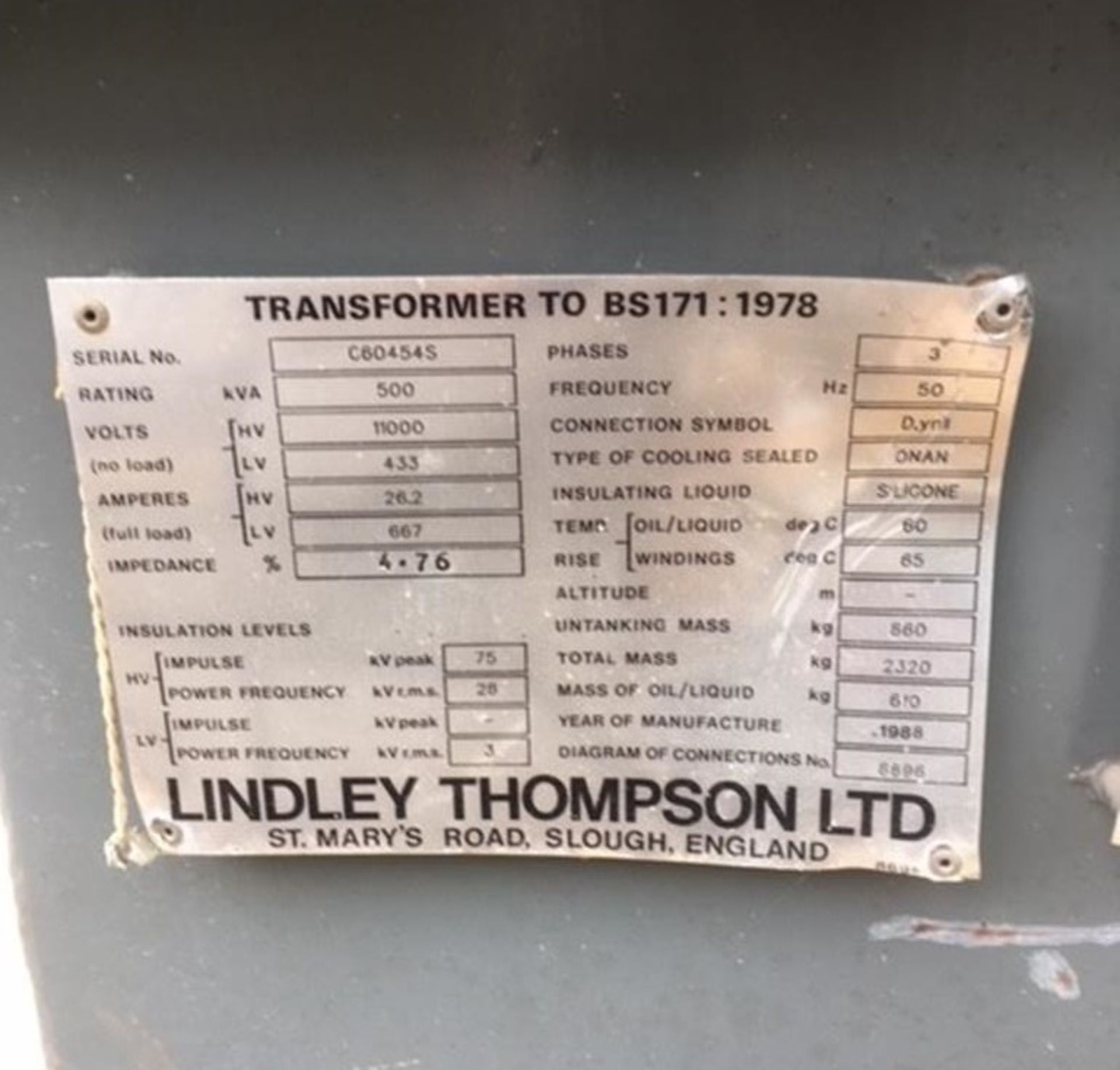 * A 1988 Lindley Thompson Ltd 500kVA Transformer - Image 2 of 4