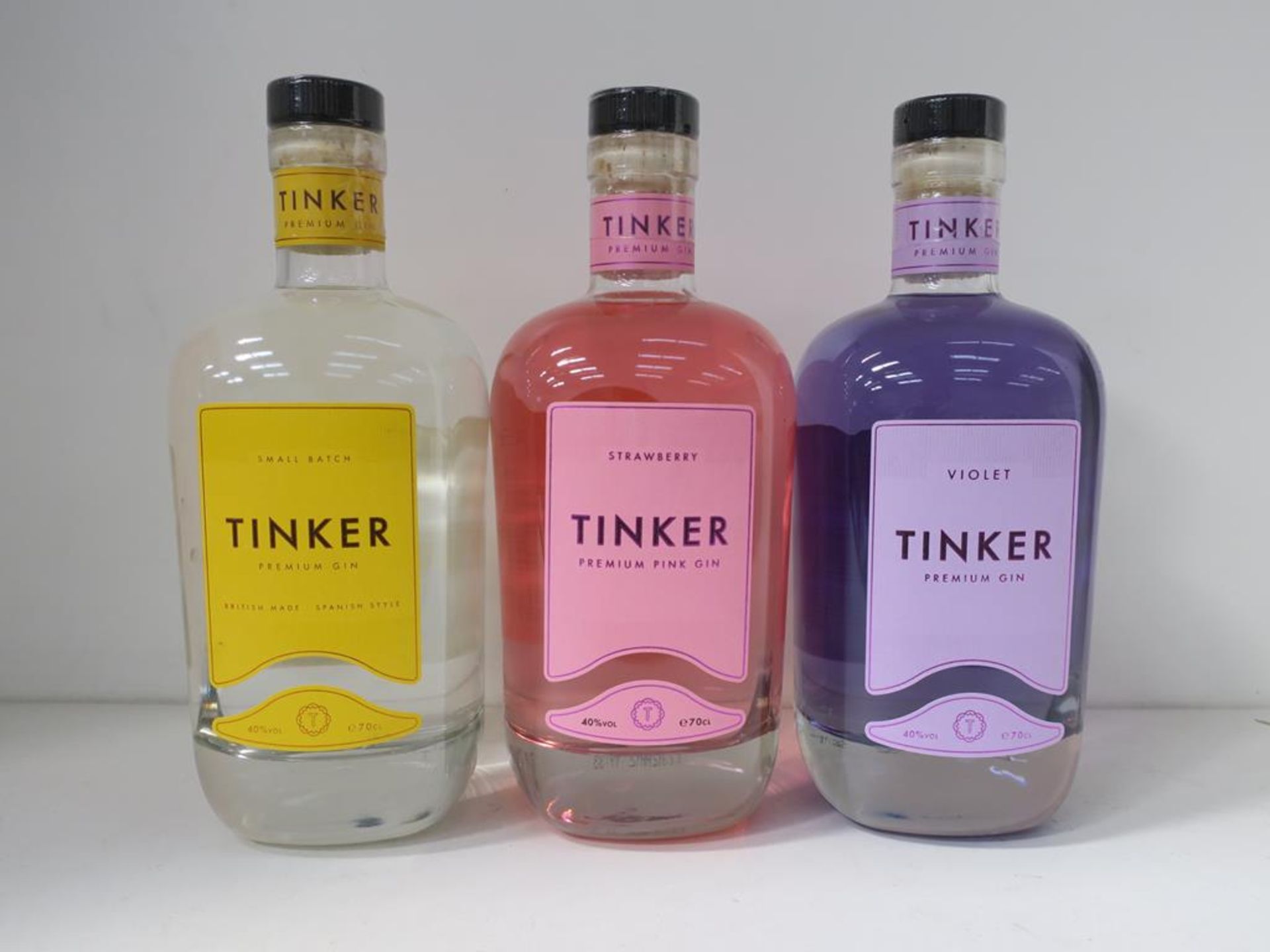 * Three bottles of Tinker Gin: 70cl bottle of Small Batch, British made Spanish style 40% vol,