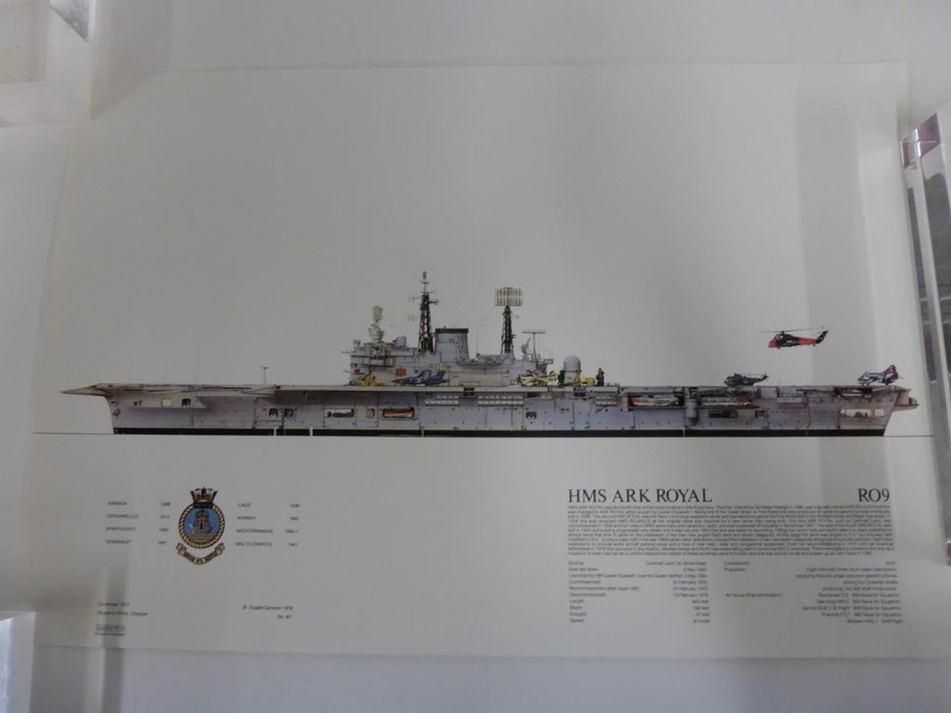 A lot to include: an unframed Print of ''H.M.S. Ark Royal R09'' by Dugald Cameron, unsigned, an