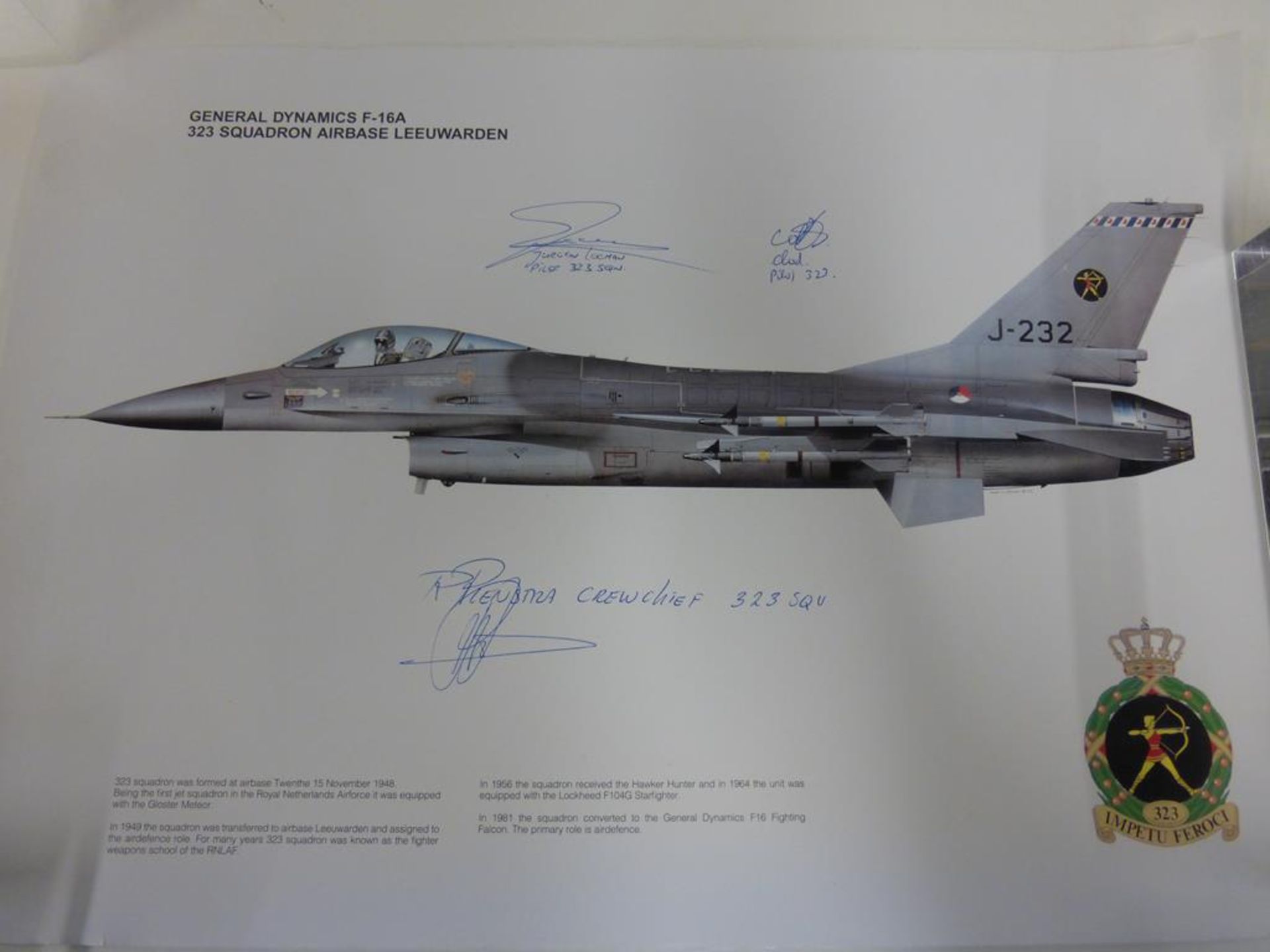 A lot to include: an unframed Print of ''USA F16 'A' Leeuwarden'', signed by two Pilots and Crew - Image 6 of 17