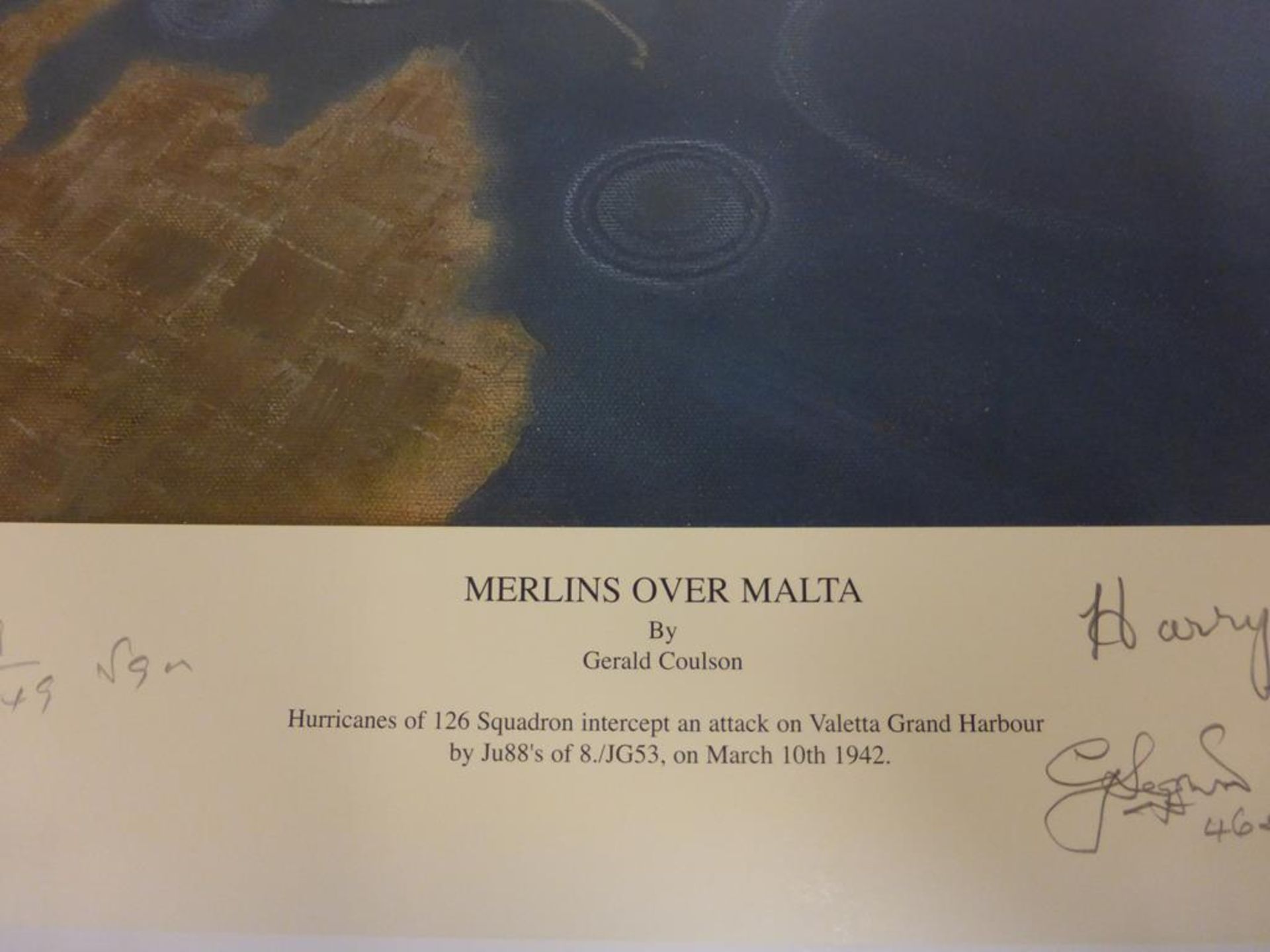 An unframed Print of ''Merlins Over Malta'' by Gerald Coulson, signed by eight (200/200) (est. £80- - Image 3 of 6