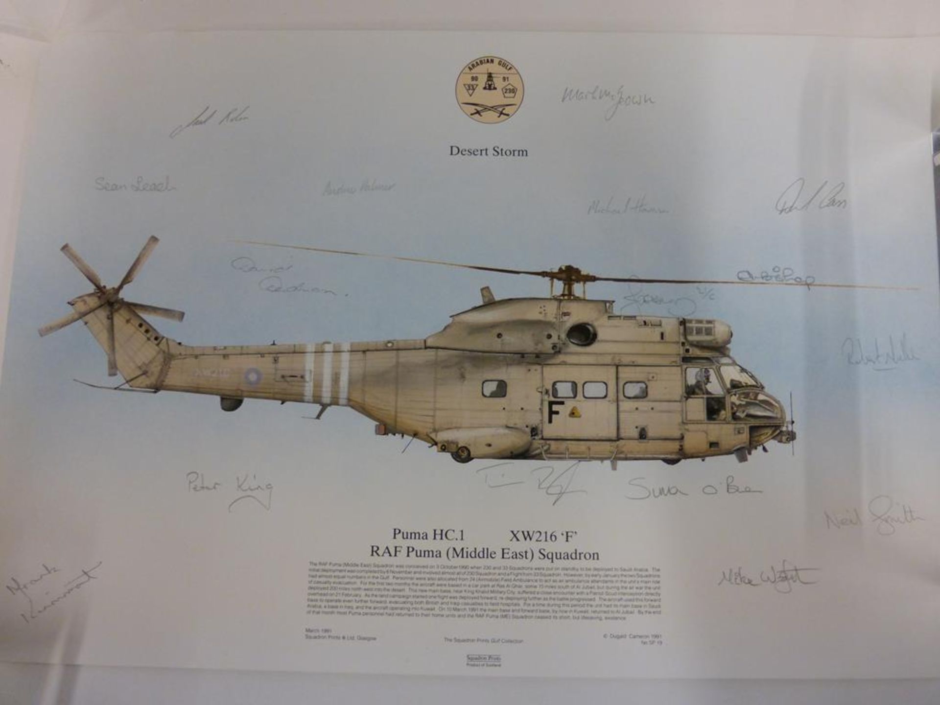 A lot to include an unframed Print of ''Desert Storm Puma HCI'', signed by sixteen and an unframed - Image 8 of 14