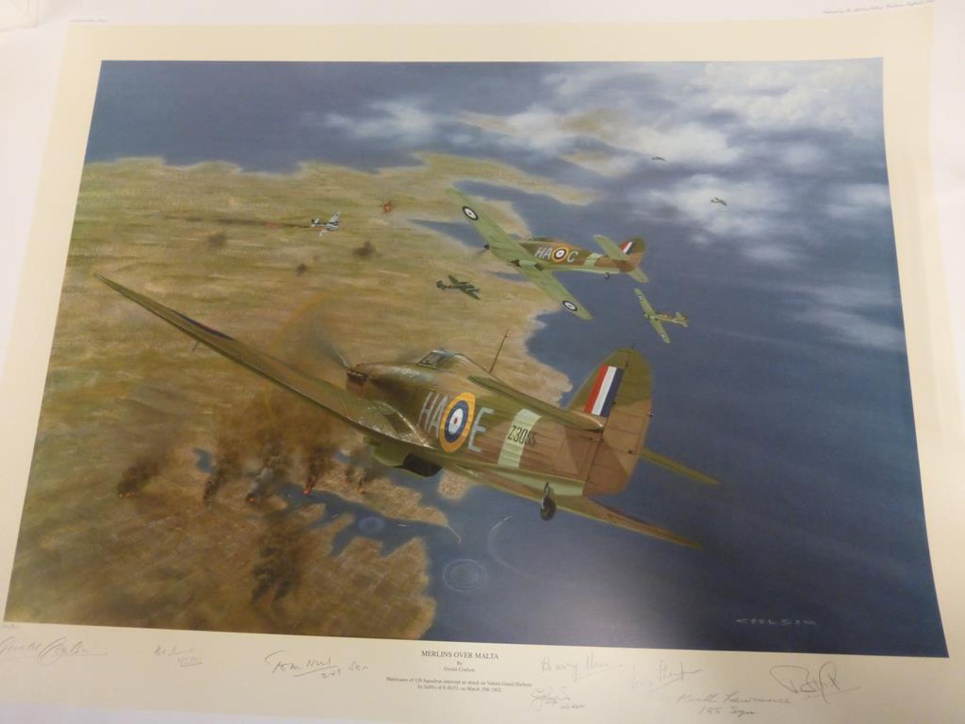 An unframed Print of ''Merlins Over Malta'' by Gerald Coulson, signed by eight (200/200) (est. £80-