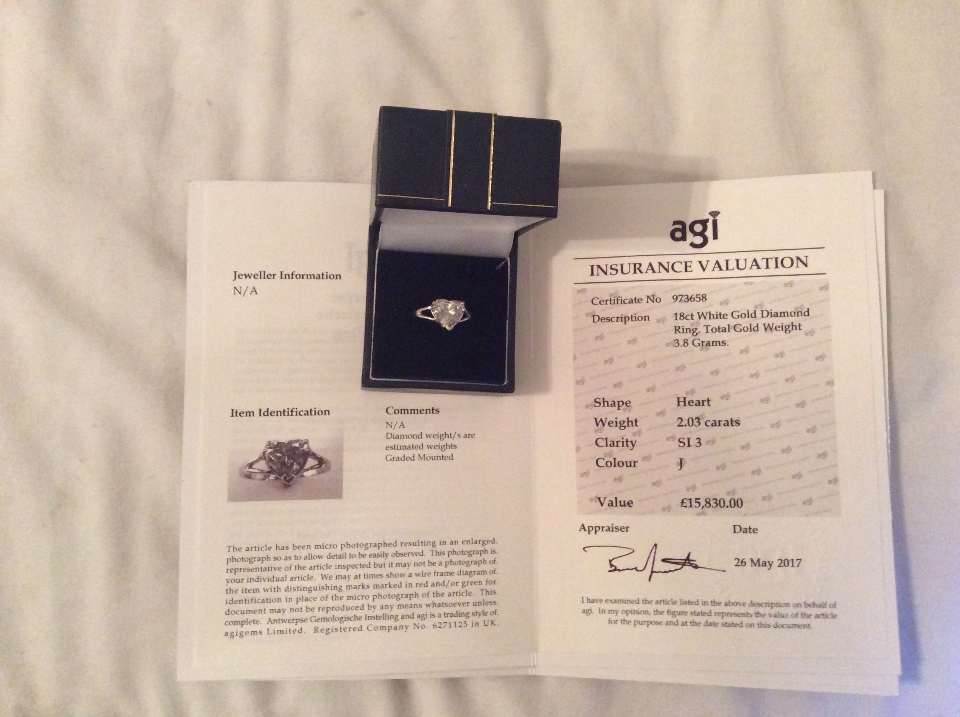 2.03ct HEART SHAPED DIAMOND SOLITAIRE RING AGI CERTIFIED - Image 3 of 3