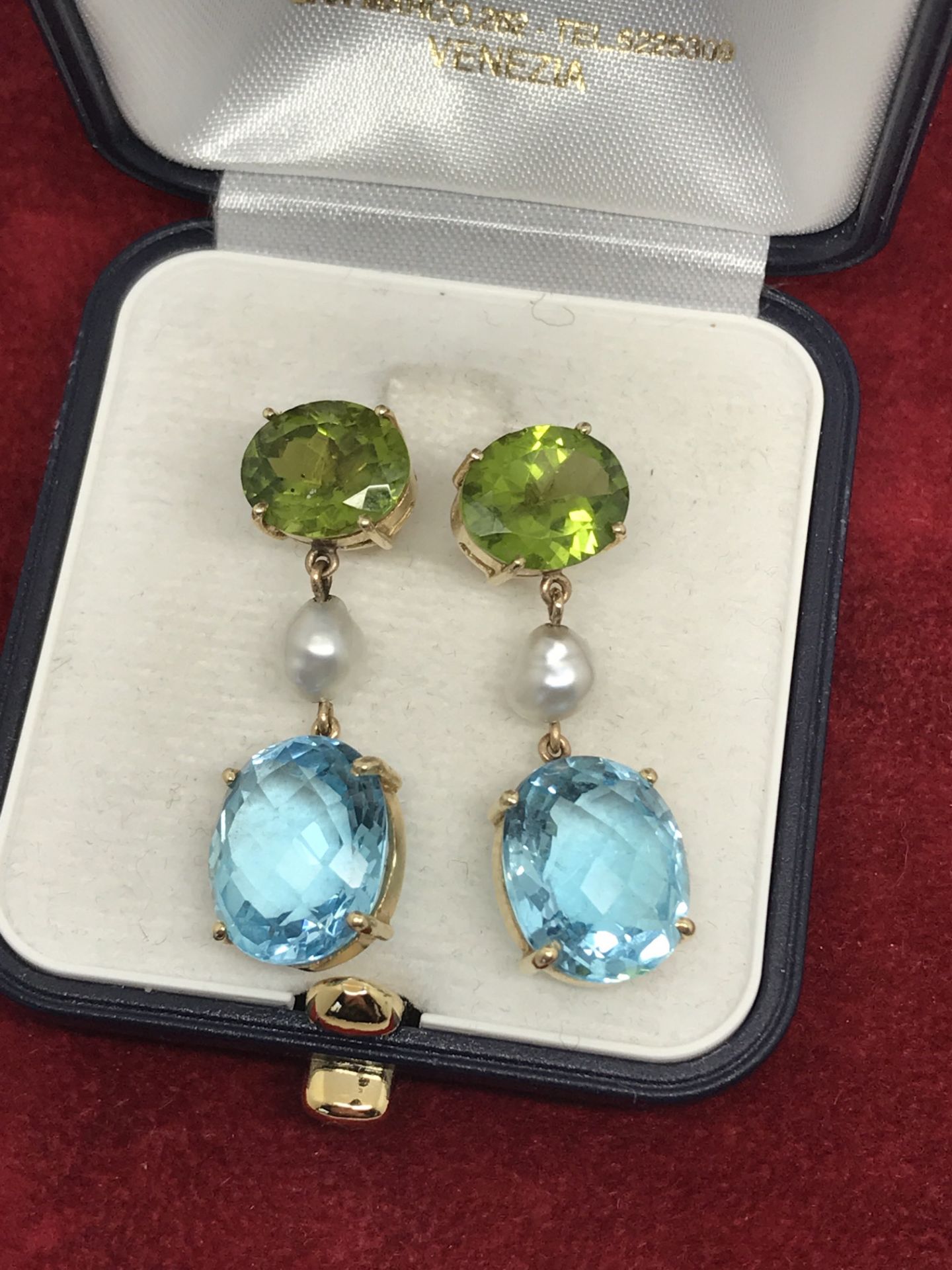 PEARL, BLUE TOPAZ & PERIDOT EARRINGS SET IN 9ct GOLD - Image 2 of 2