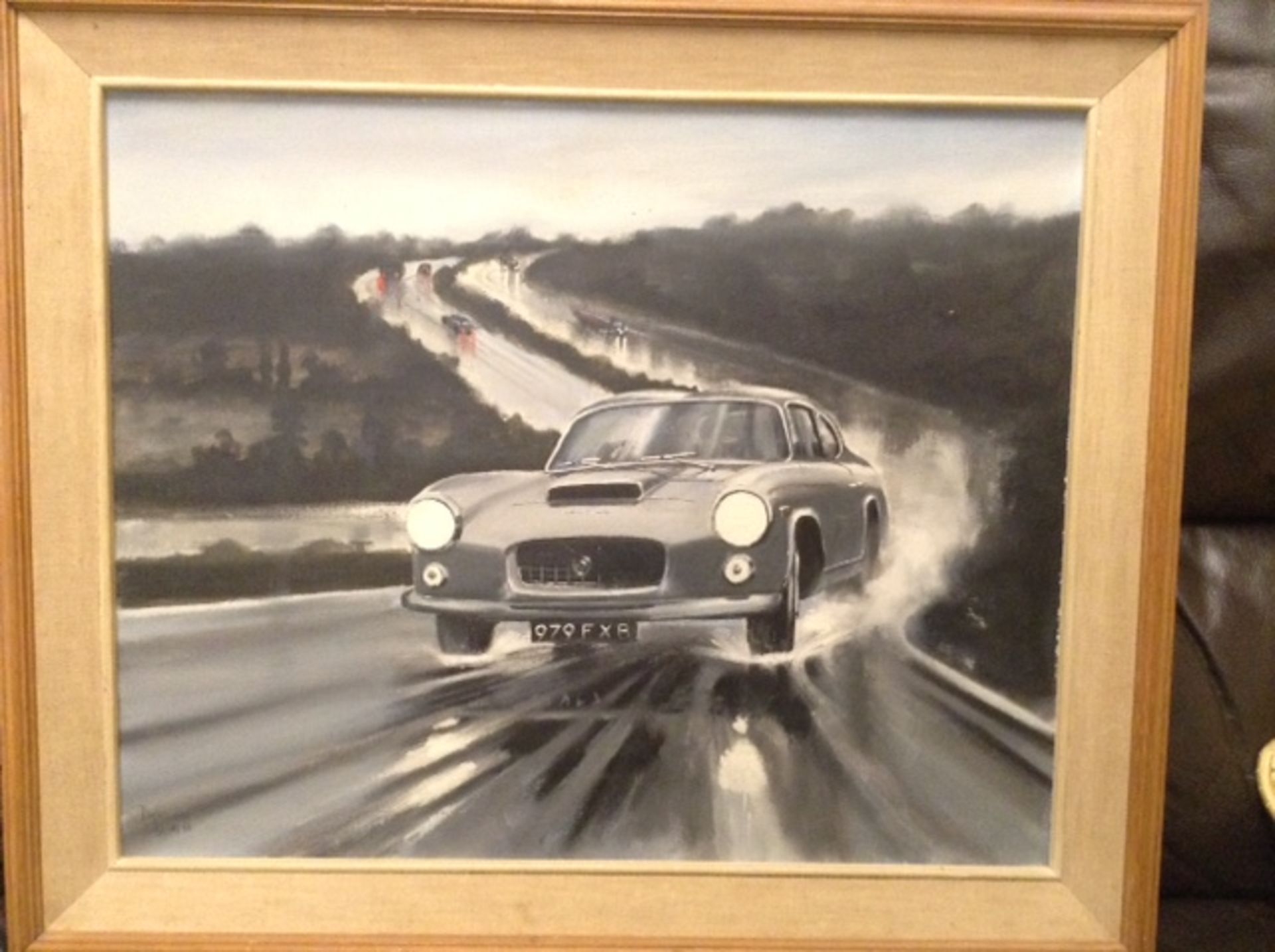 Old original signed oil on canvas of a car