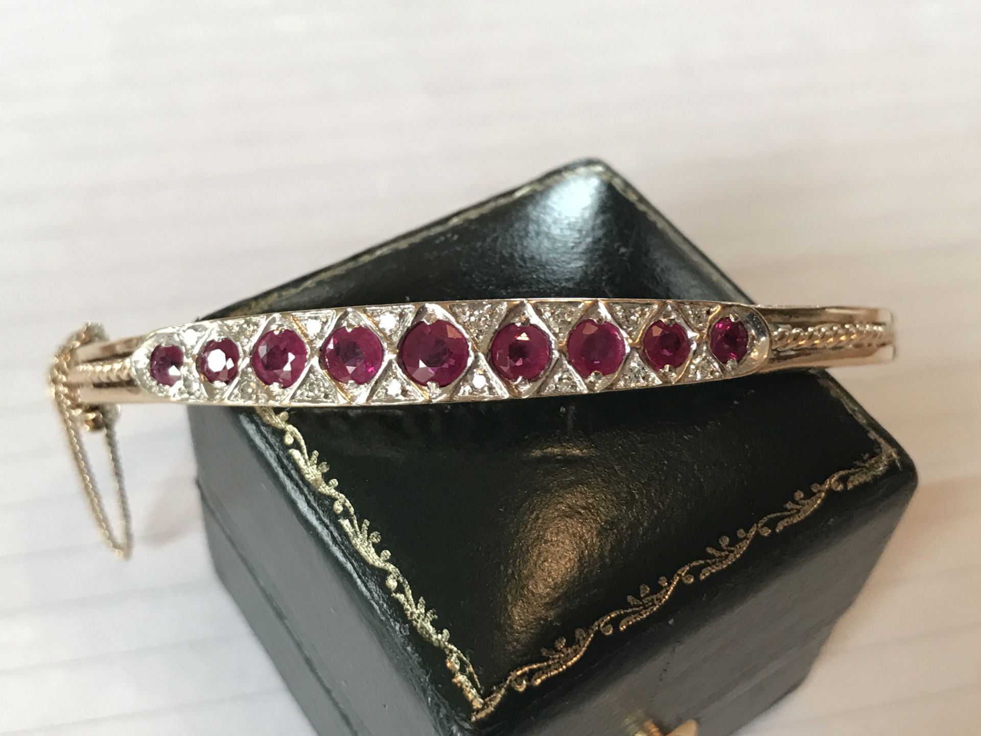 9ct GOLD RUBY & DIAMOND SET BANGLE