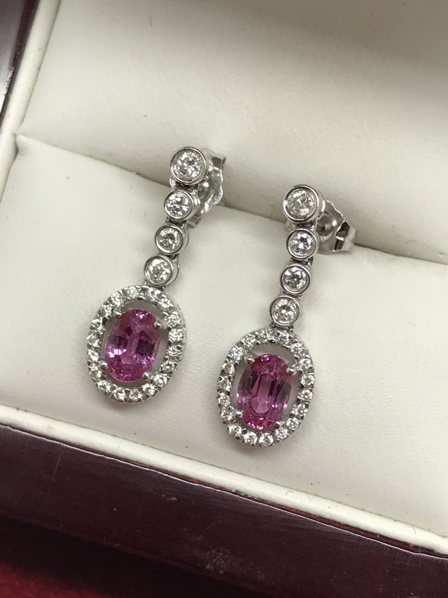 FINE 18ct GOLD PINK SAPPHIRE & DIAMOND DROP EARRINGS - Image 2 of 2