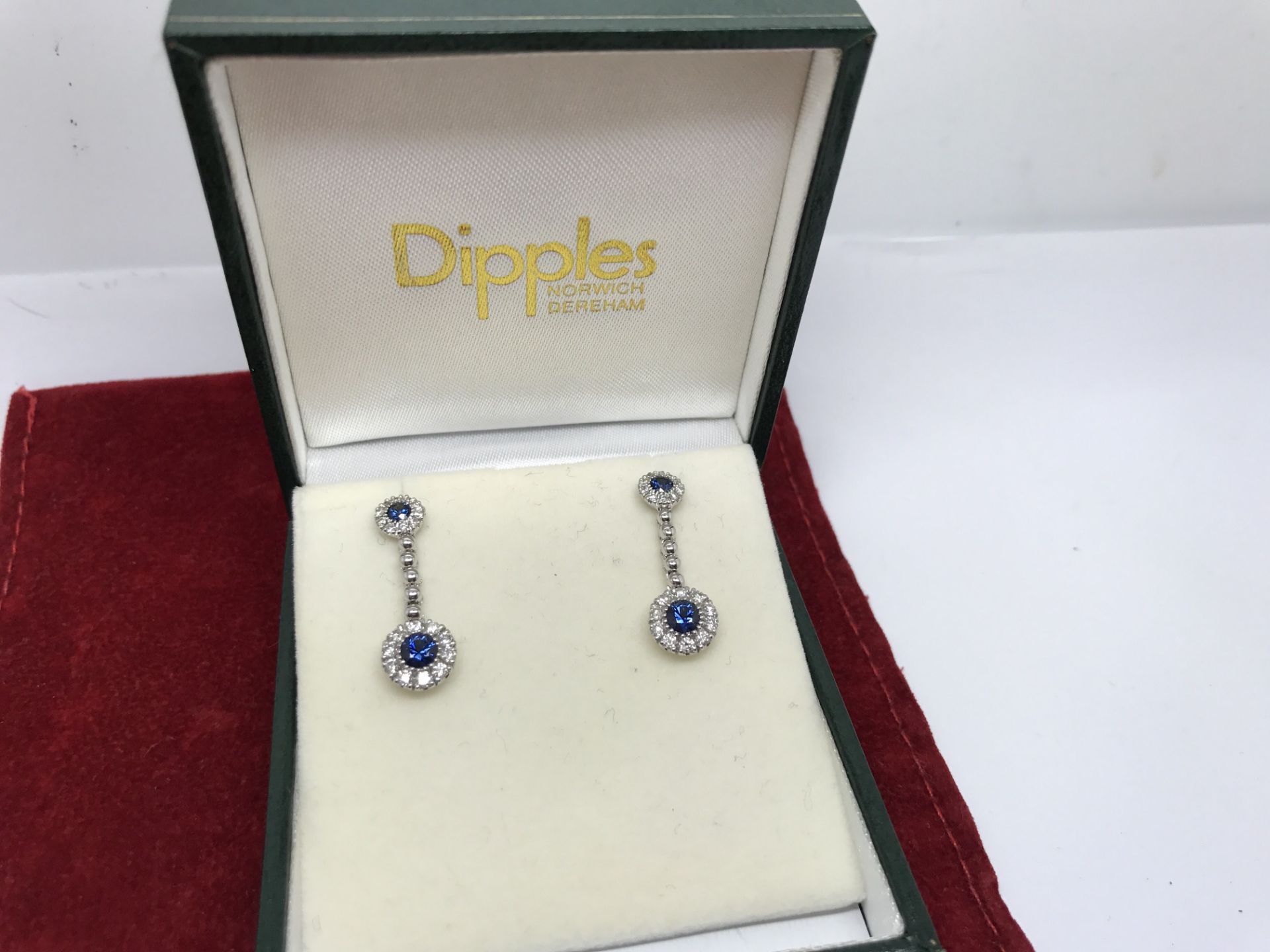 INCREDIBLE FINE BLUE SAPPHIRE & DIAMOND DROP EARRINGS - 18ct WHITE GOLD - Image 2 of 3