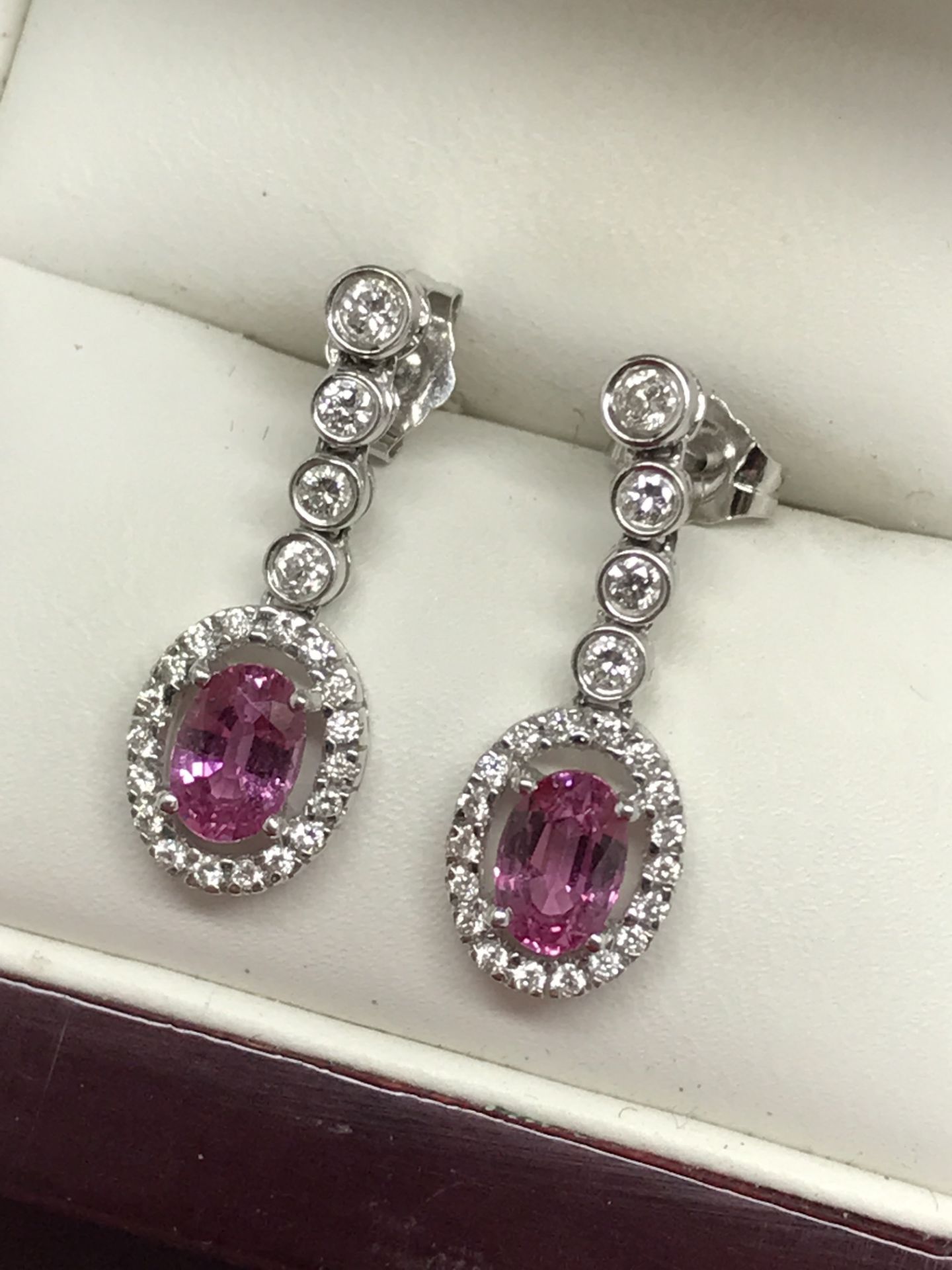 FINE 18ct GOLD PINK SAPPHIRE & DIAMOND DROP EARRINGS