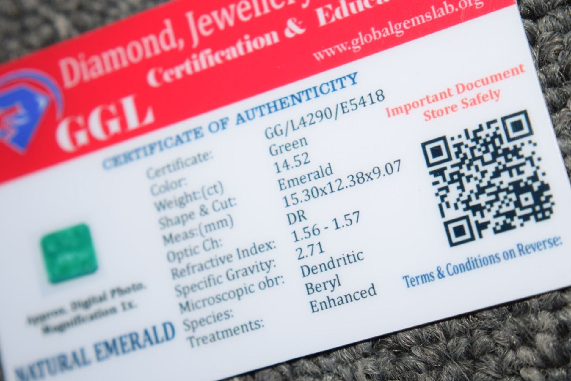 14.52CT Emerald with Certificate Card - Image 2 of 3
