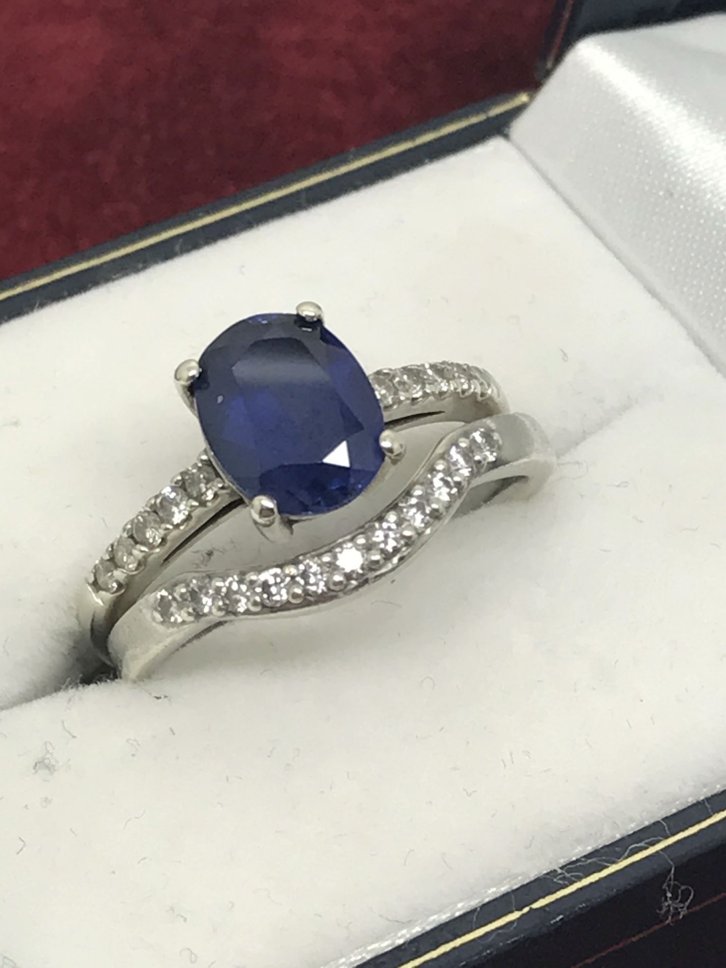 9ct WHITE GOLD BLUE SAPPHIRE & DIAMOND RING + 9ct DIAMOND WISHBONE RING TO MATCH