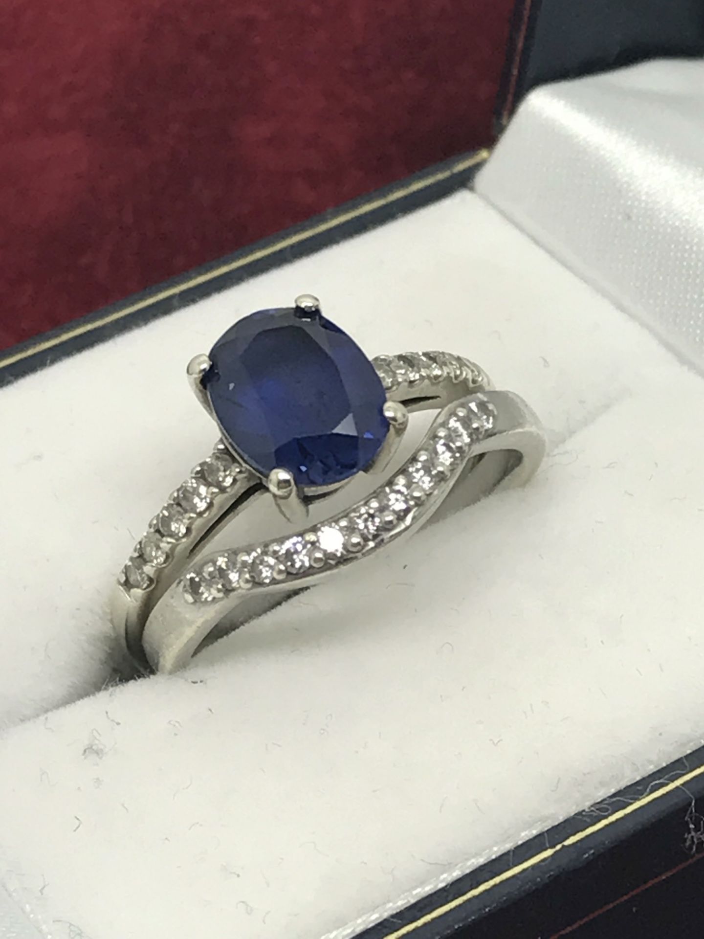 9ct WHITE GOLD BLUE SAPPHIRE & DIAMOND RING + 9ct DIAMOND WISHBONE RING TO MATCH - Image 2 of 2