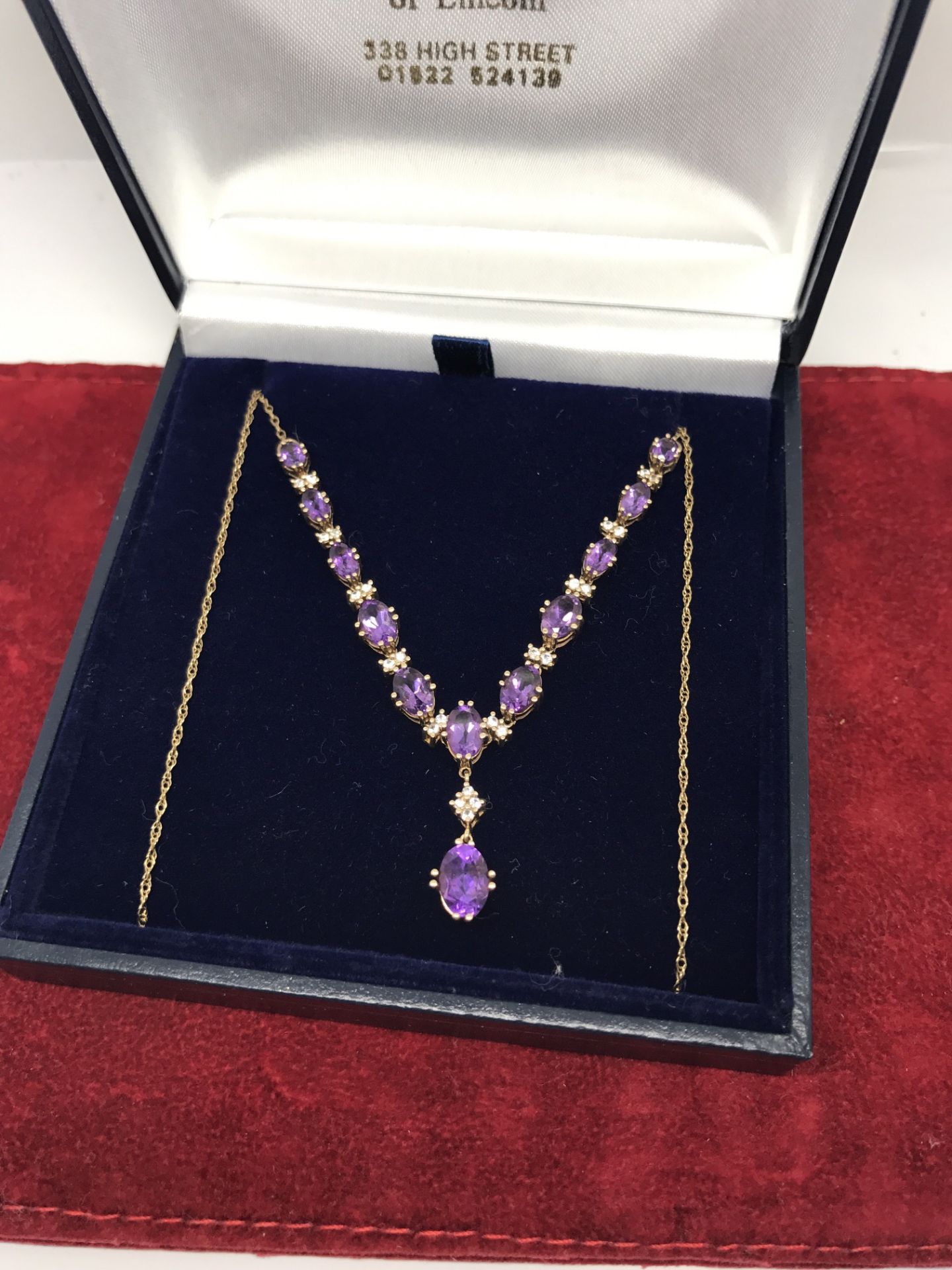 BEAUTIFUL 9ct GOLD AMETHYST & DIAMOND NECKLACE