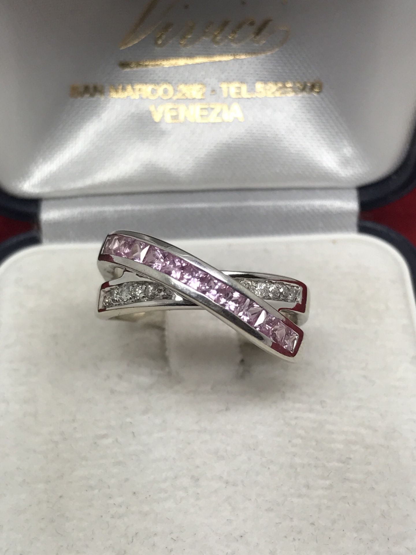 14ct WHITE GOLD PINK SAPPHIRE & DIAMOND CROSSOVER RING