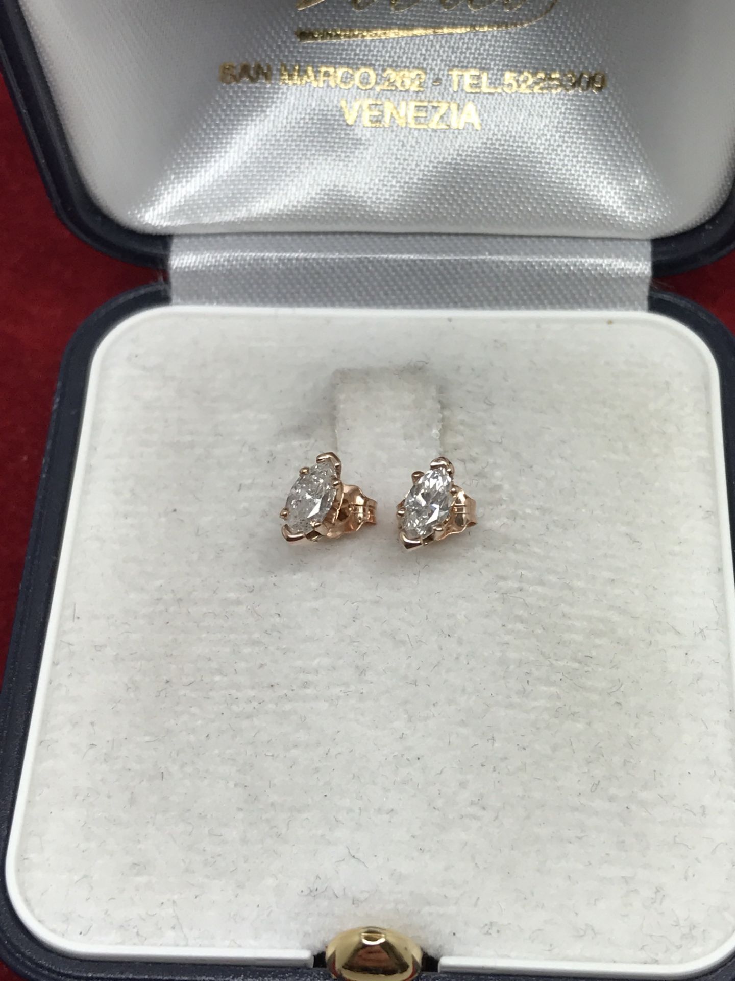 FINE MARQUISE CUT DIAMOND SOLITAIRE EARRINGS SET IN 14k ROSE GOLD - Image 2 of 5