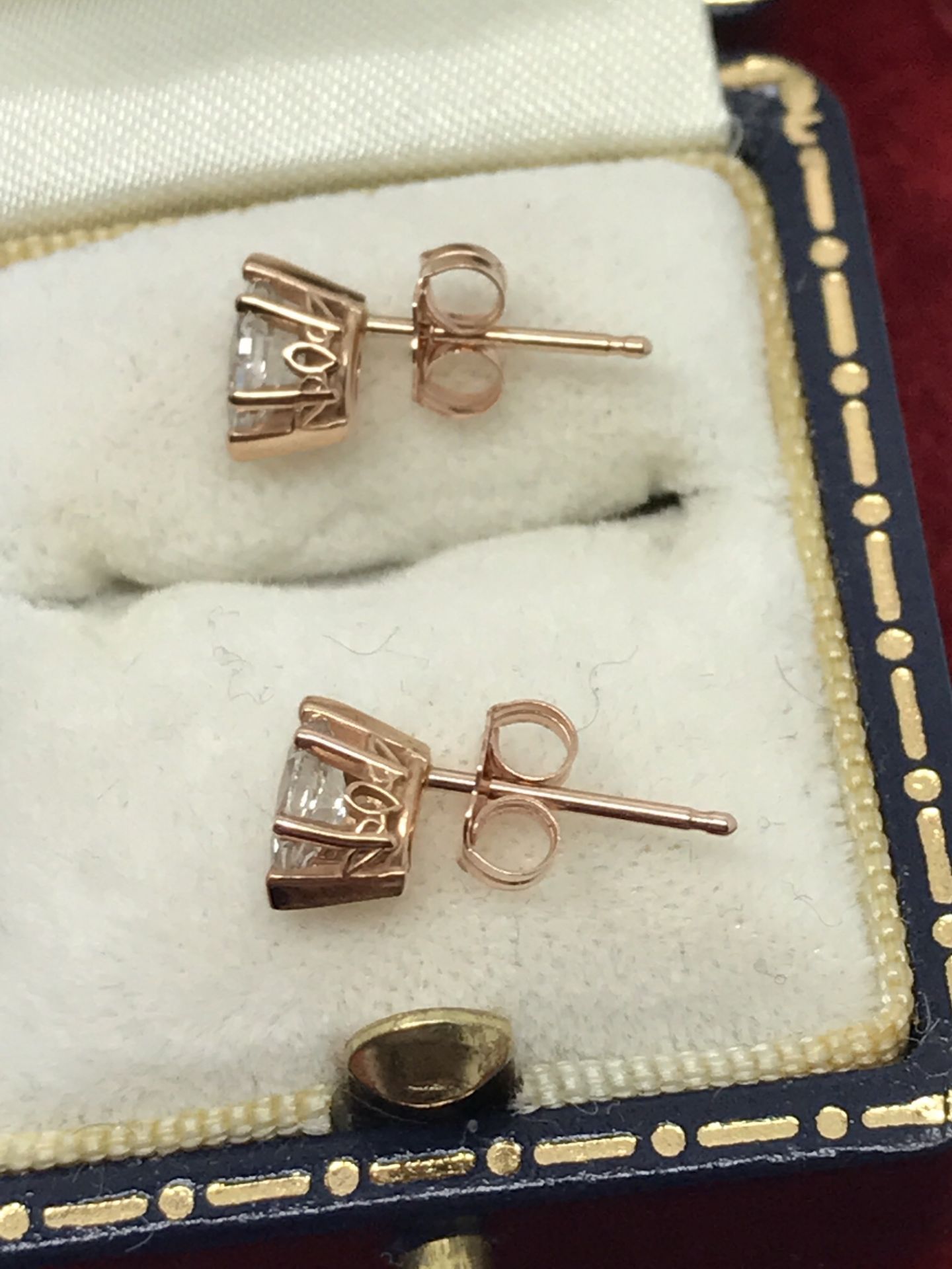 FINE MARQUISE CUT DIAMOND SOLITAIRE EARRINGS SET IN 14K ROSE GOLD - Image 2 of 2