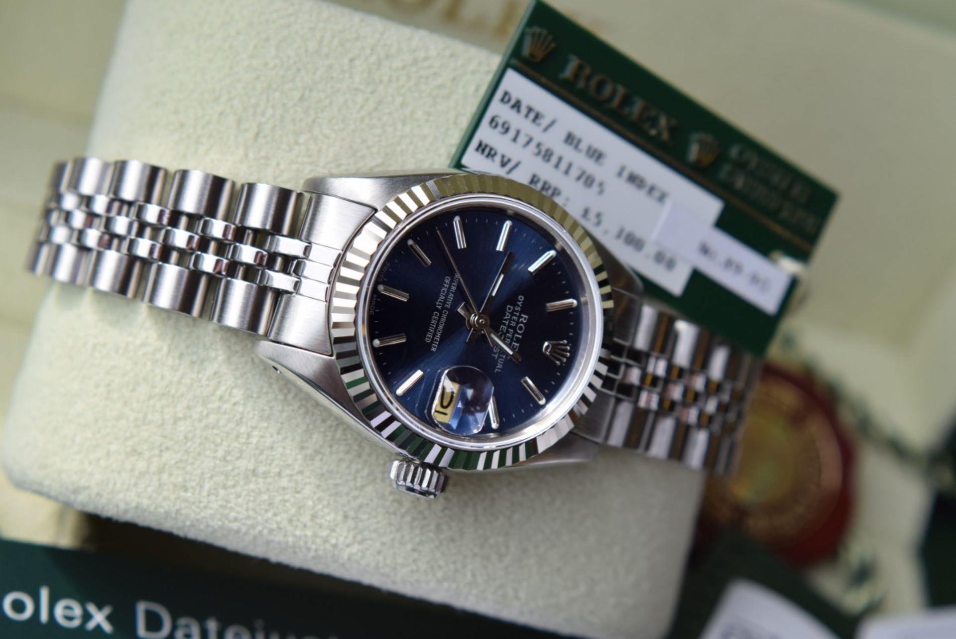Steel & 18K White Gold Rolex DateJust Automatic Watch - Rare Blue Sunburst Baton Dial