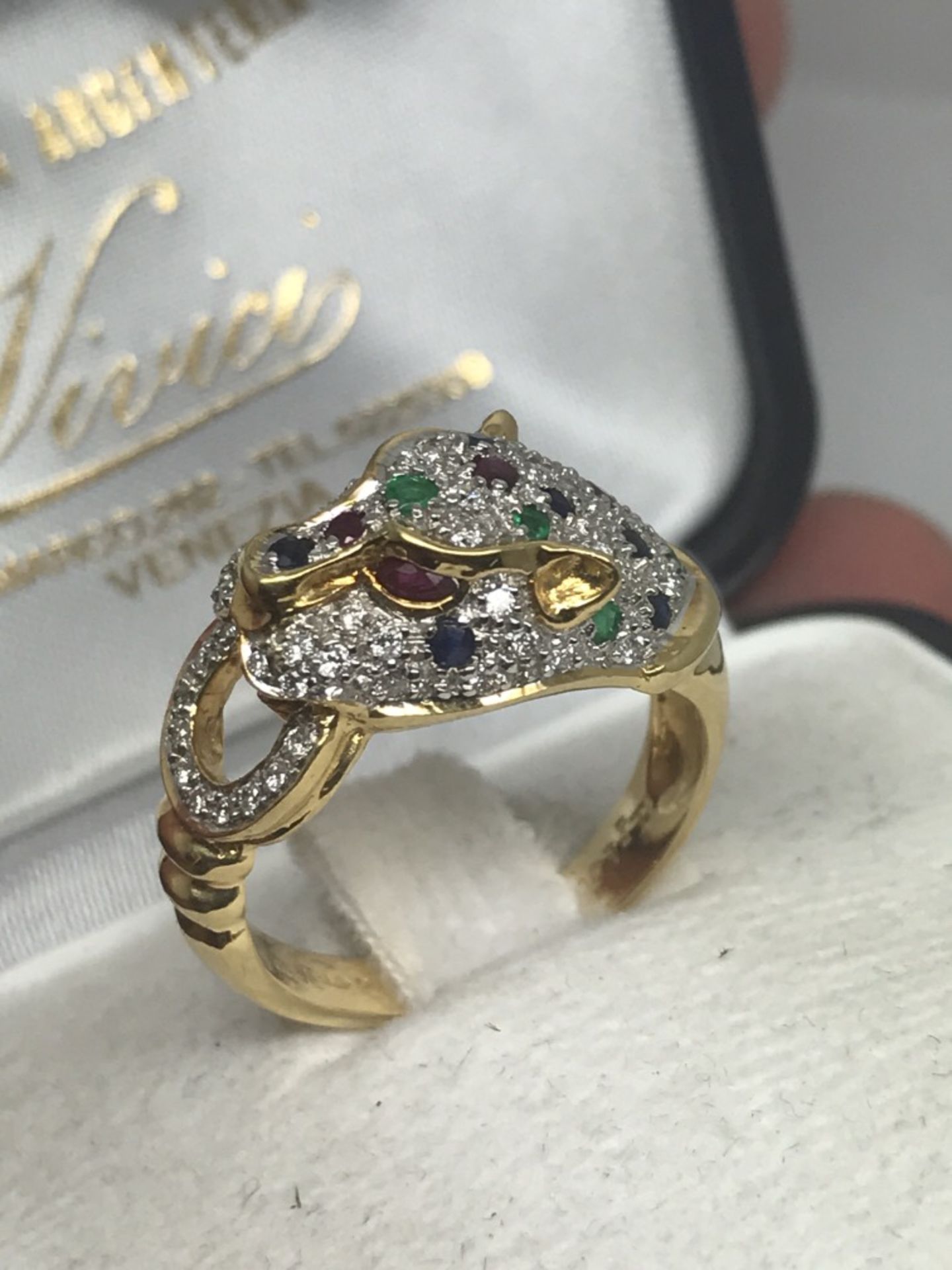 18ct GOLD CARTIER STYLE PANTHER RING SET WITH DIAMONDS, RUBIES, EMERALDS & SAPPHIRES