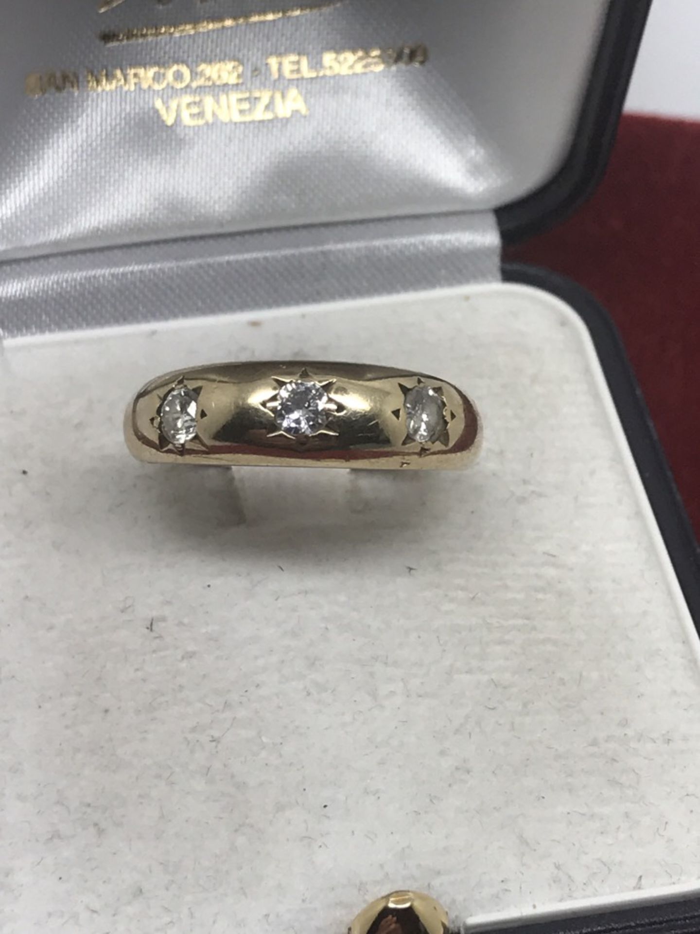 9ct GOLD GYPSY RING SET WITH 3 GOOD QUALITY DIAMONDS