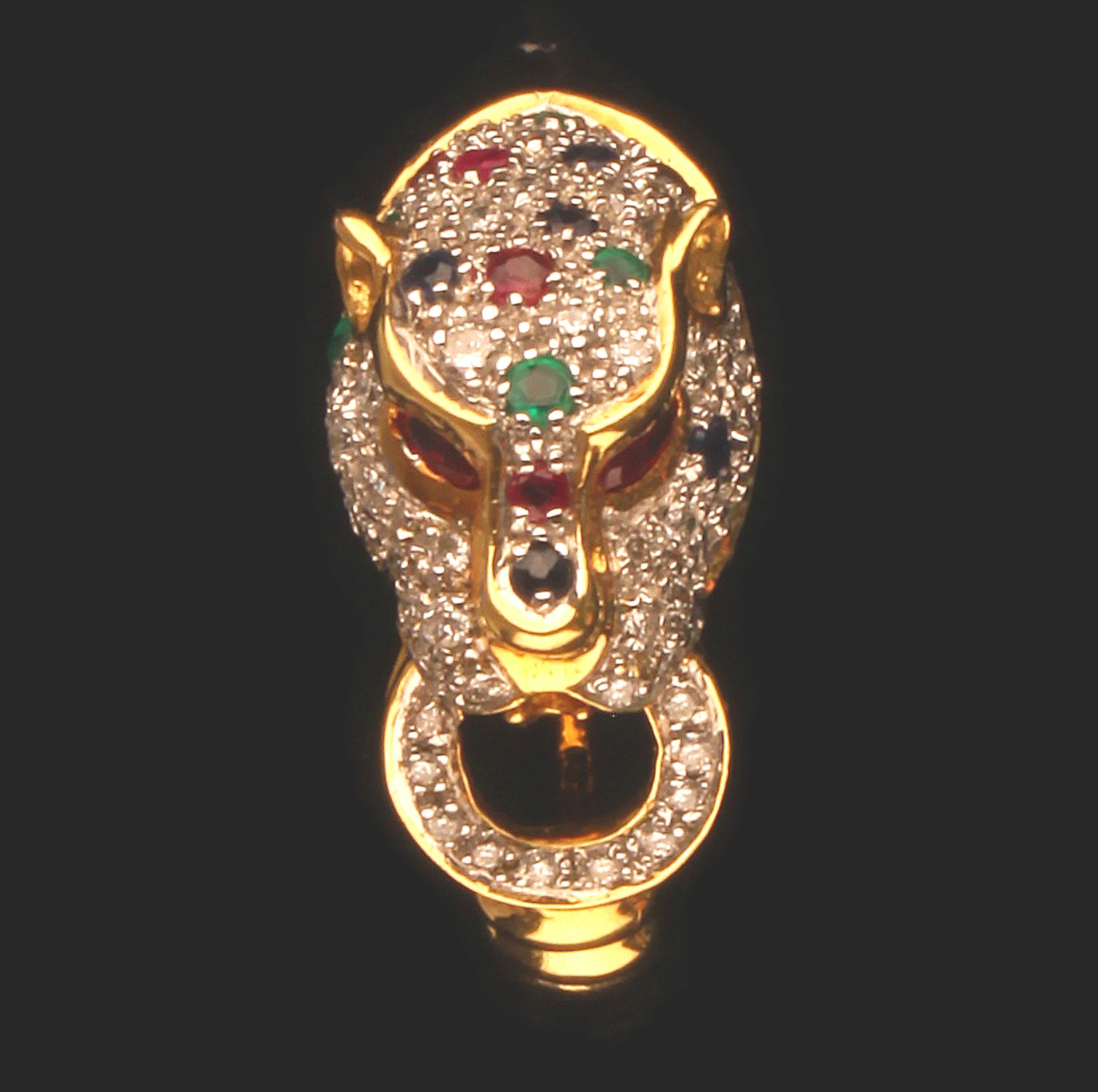 18ct GOLD CARTIER STYLE PANTHER RING SET WITH DIAMONDS, RUBIES, EMERALDS & SAPPHIRES - Image 3 of 4