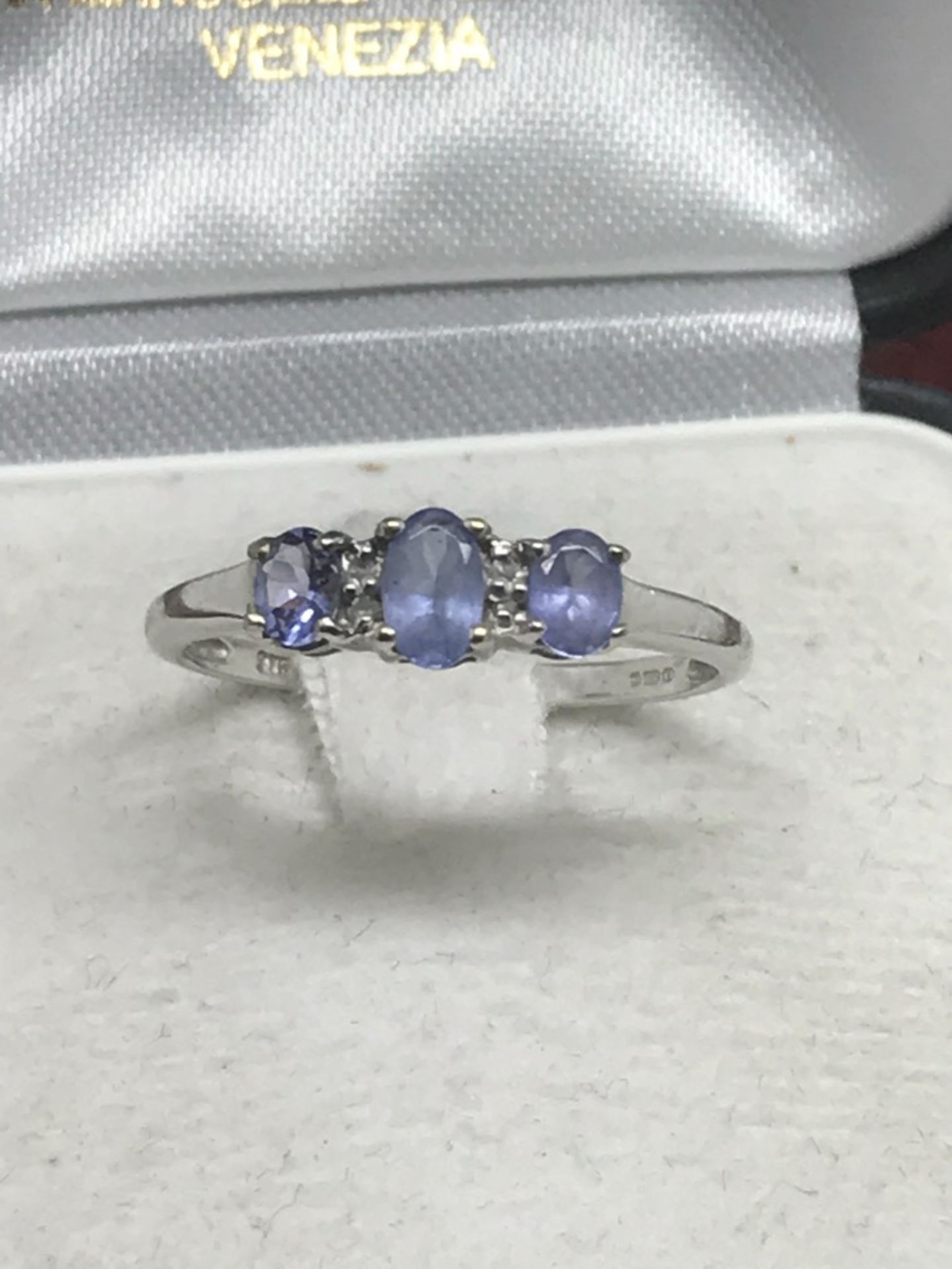 9ct WHITE GOLD TANZANITE TRILOGY RING