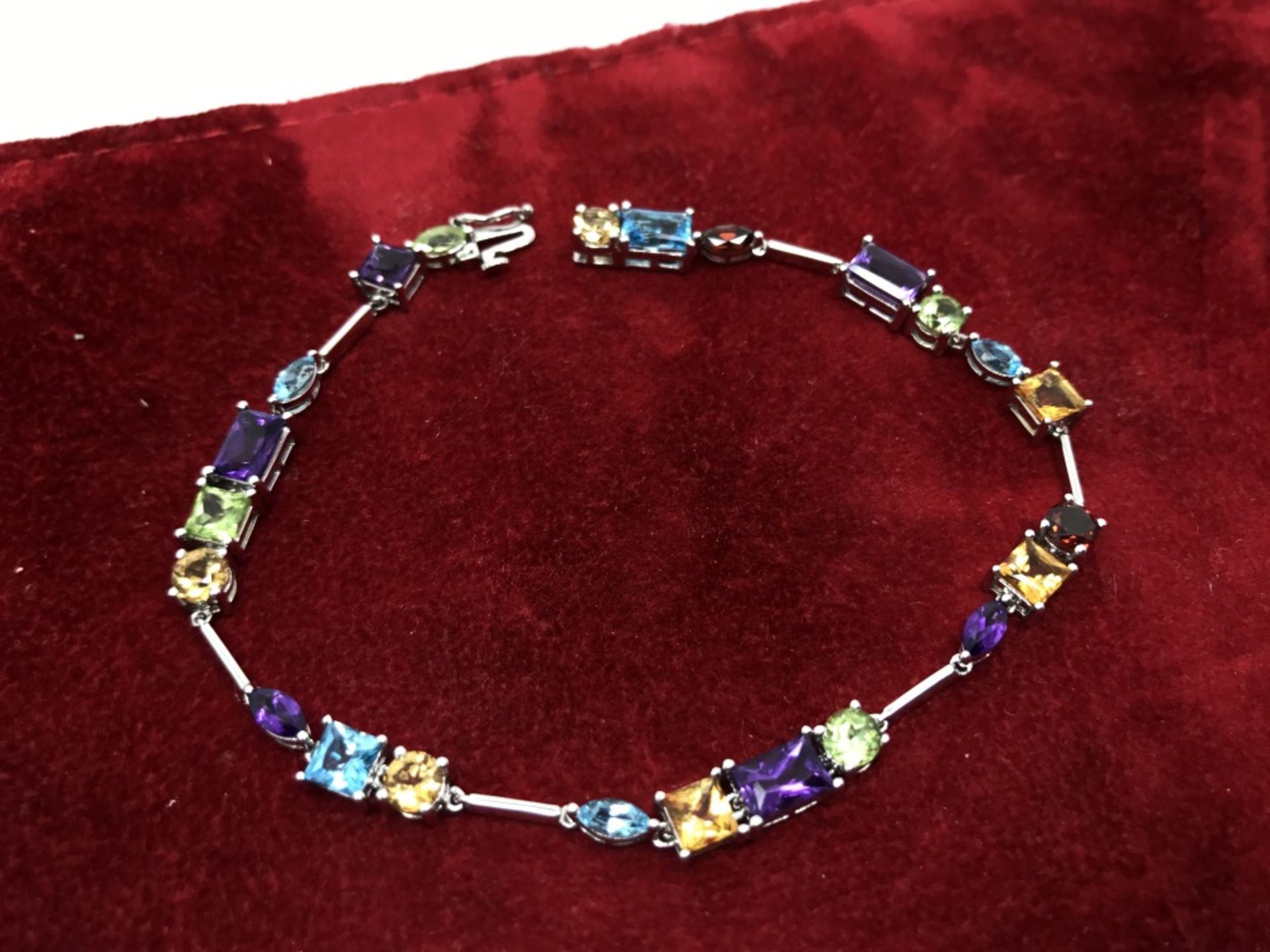 14ct WHITE GOLD AMETHYST, PERIDOT, BLUE & GOLDEN TOPAZ BRACELET - Image 2 of 2