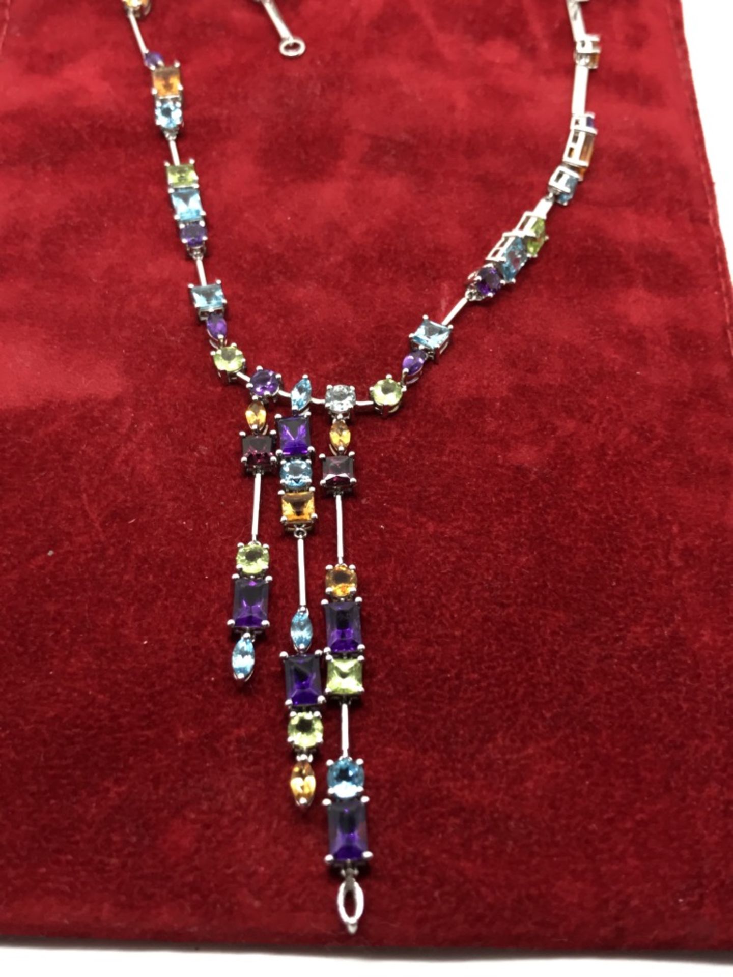 14ct WHITE GOLD AMETHYST, PERIDOT, BLUE & GOLDEN TOPAZ NECKLACE - Image 2 of 3