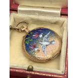14k GOLD ENAMELED POCKET WATCH WITH 9ct GOLD FOB BROOCH