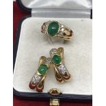 CABOCHON EMERALD & DIAMOND RING & EARRINGS - TESTED AS 14k GOLD