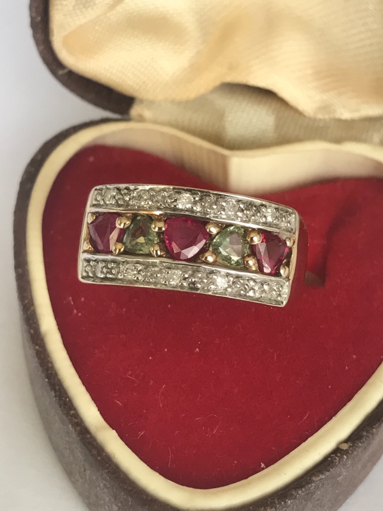 9ct Gold Ruby & Green Sapphire & Diamond Ring