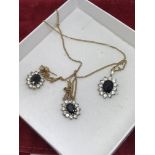 9ct GOLD CHAIN WITH BLUE STONE PENDANT & EARRINGS