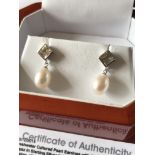 CULTURED PEARLS & WHITE TOPAZ EARRINGS SET IN SILVER