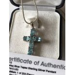 3.17ct SWISS BLUE TOPAZ SET SILVER CROSS & CHAIN