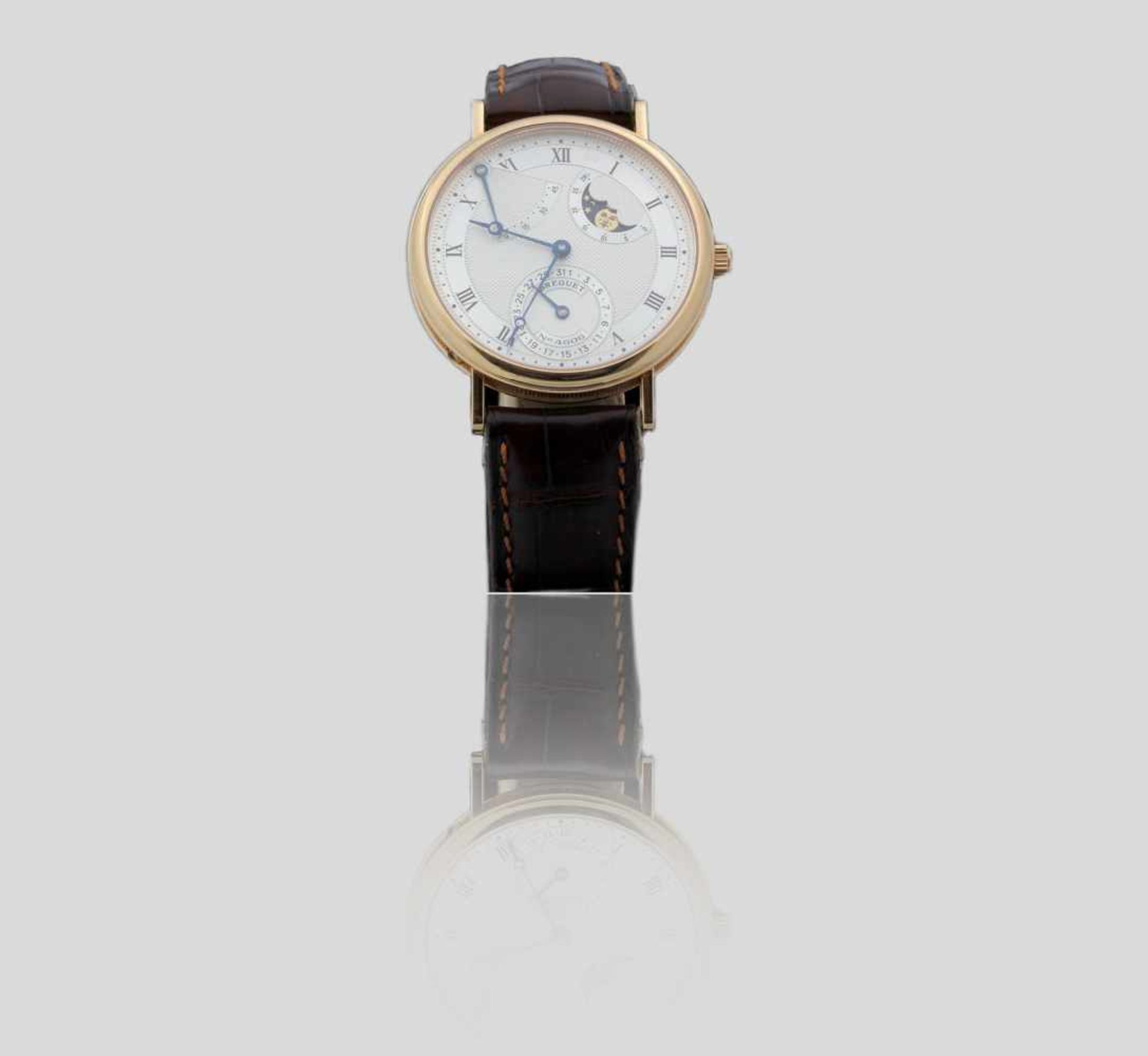 Breguet Classique Gangreserve Mondphase Herrenarmbanduhr in 750er Gold mit einem Lederarmband, Ref.